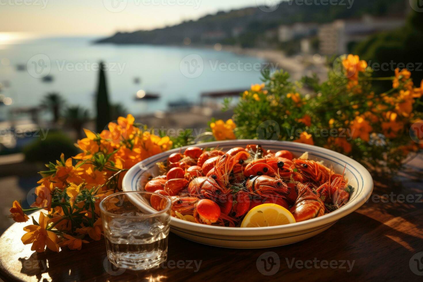 restaurant table with seafood menu advertising food photography photo