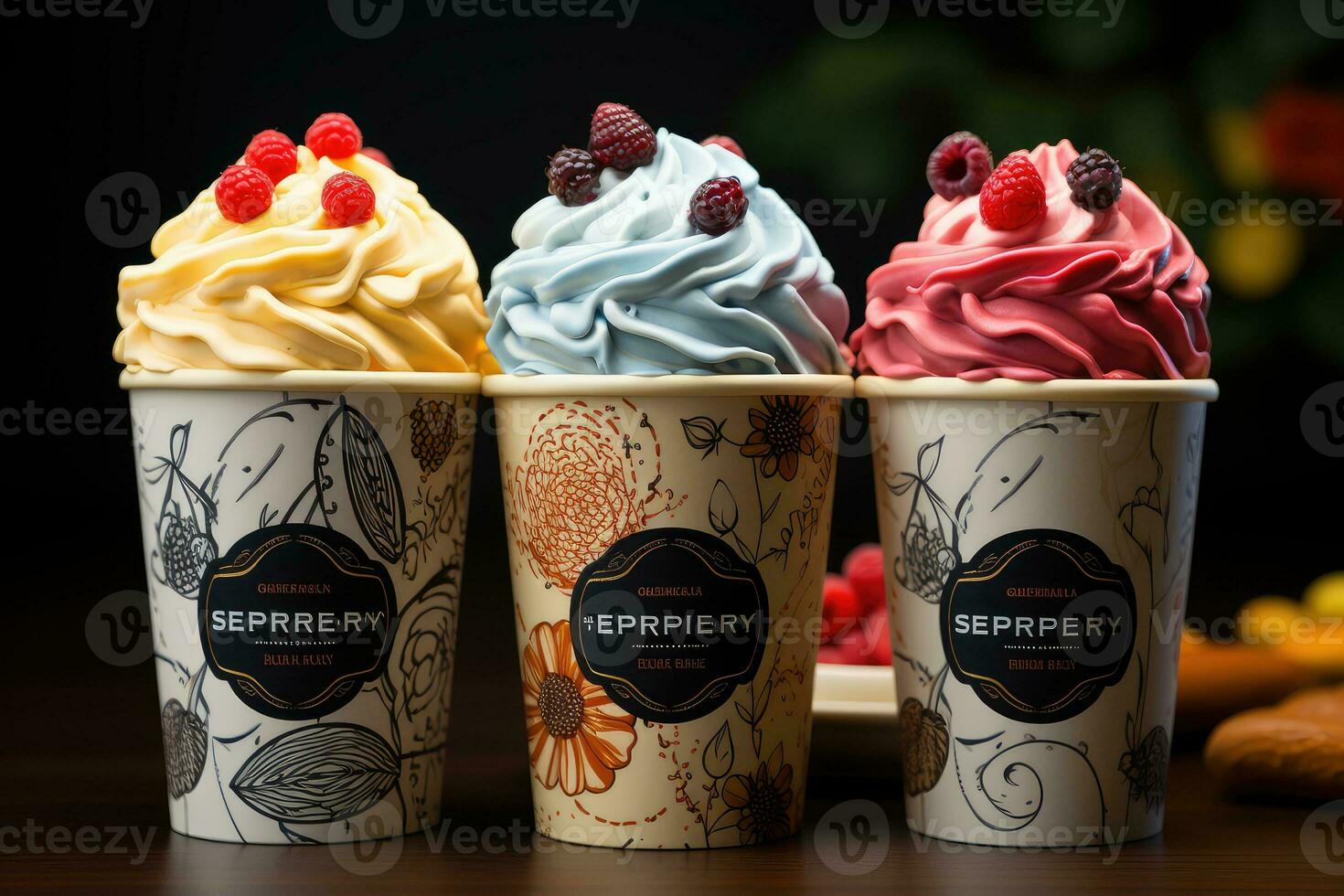 paper cup ice cream display advertising food photography AI Generated photo