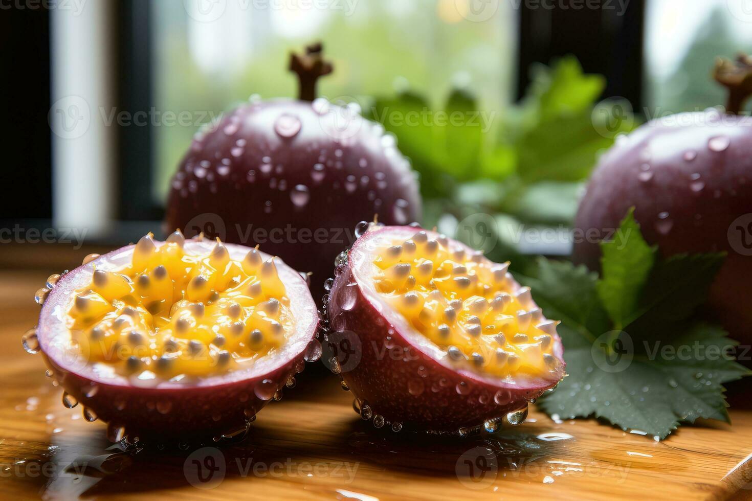 purple Passionfruit in the kitchen table advertising food photography AI Generated photo