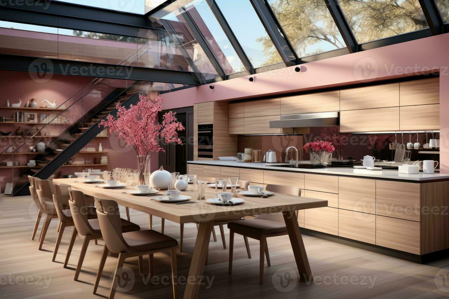 modern wood and pink kitchen professional advertising photography ai generated photo