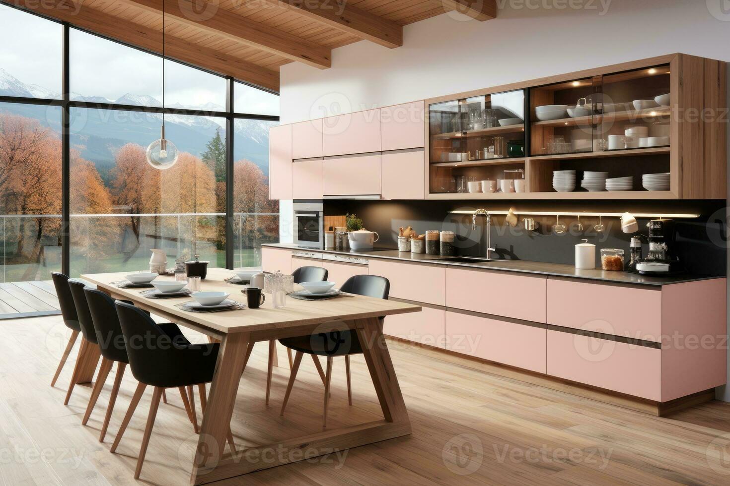 modern wood and pink kitchen professional advertising photography ai generated photo