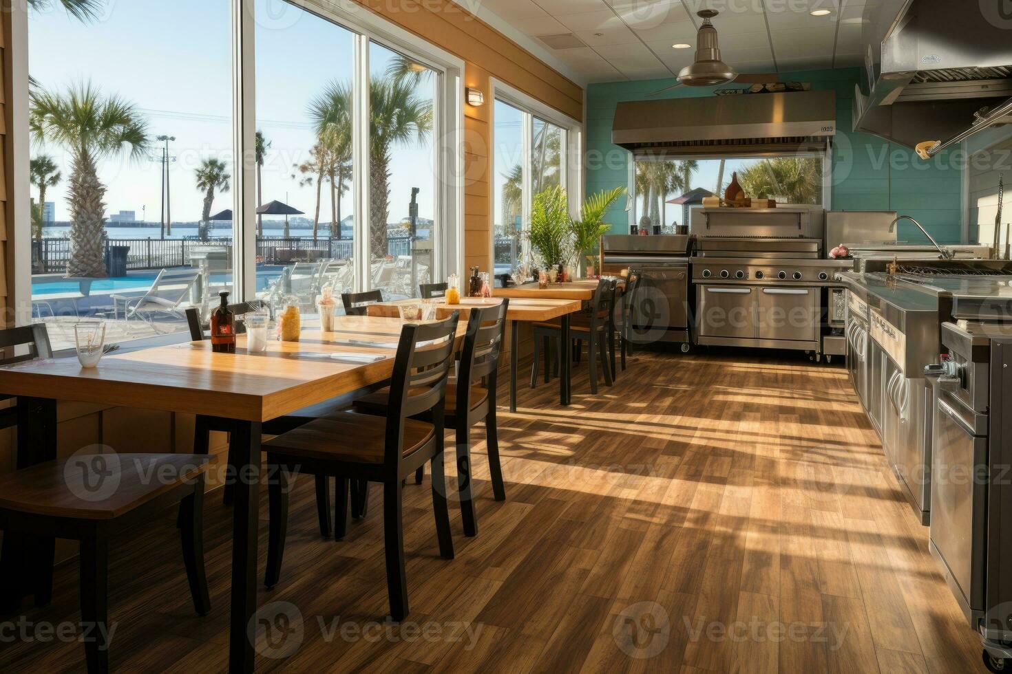 inside kitchen in the minimalist beach inn professional advertising photography AI Generated photo