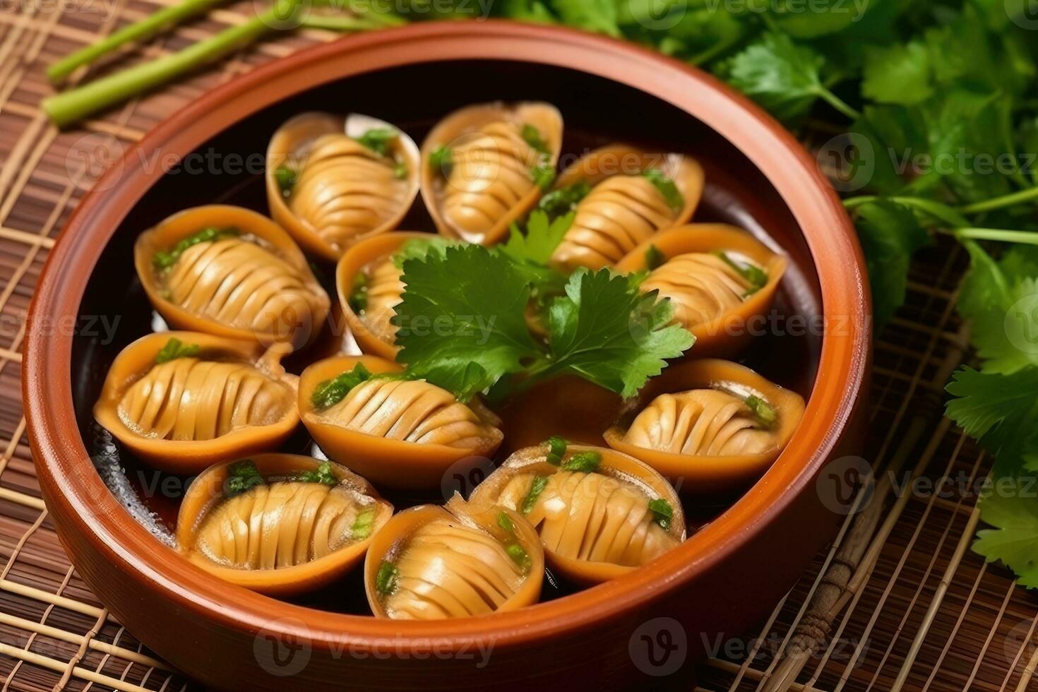 abulones marina Caracoles Fresco plato profesional publicidad comida fotografía ai generado foto