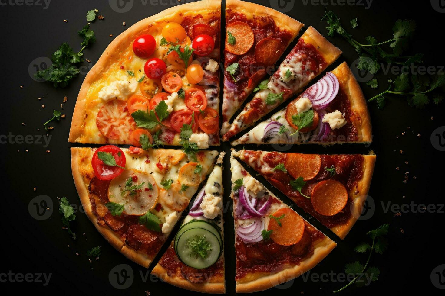 slice pizza flat lay top view light background professional advertising food photography AI Generated photo