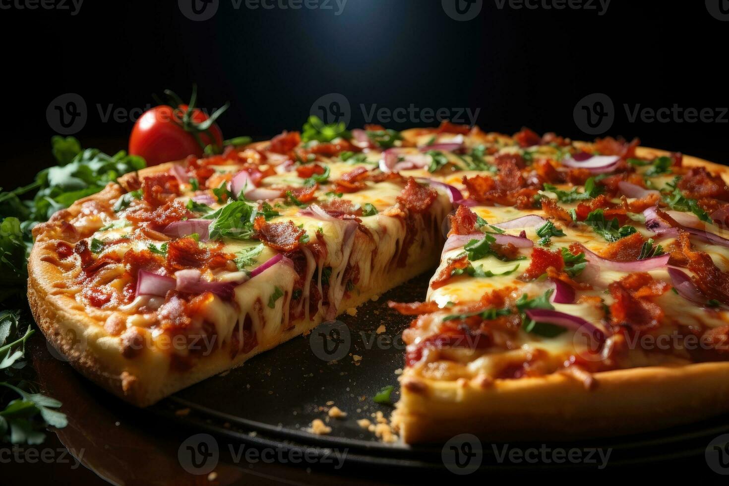slice pizza flat lay top view light background professional advertising food photography AI Generated photo