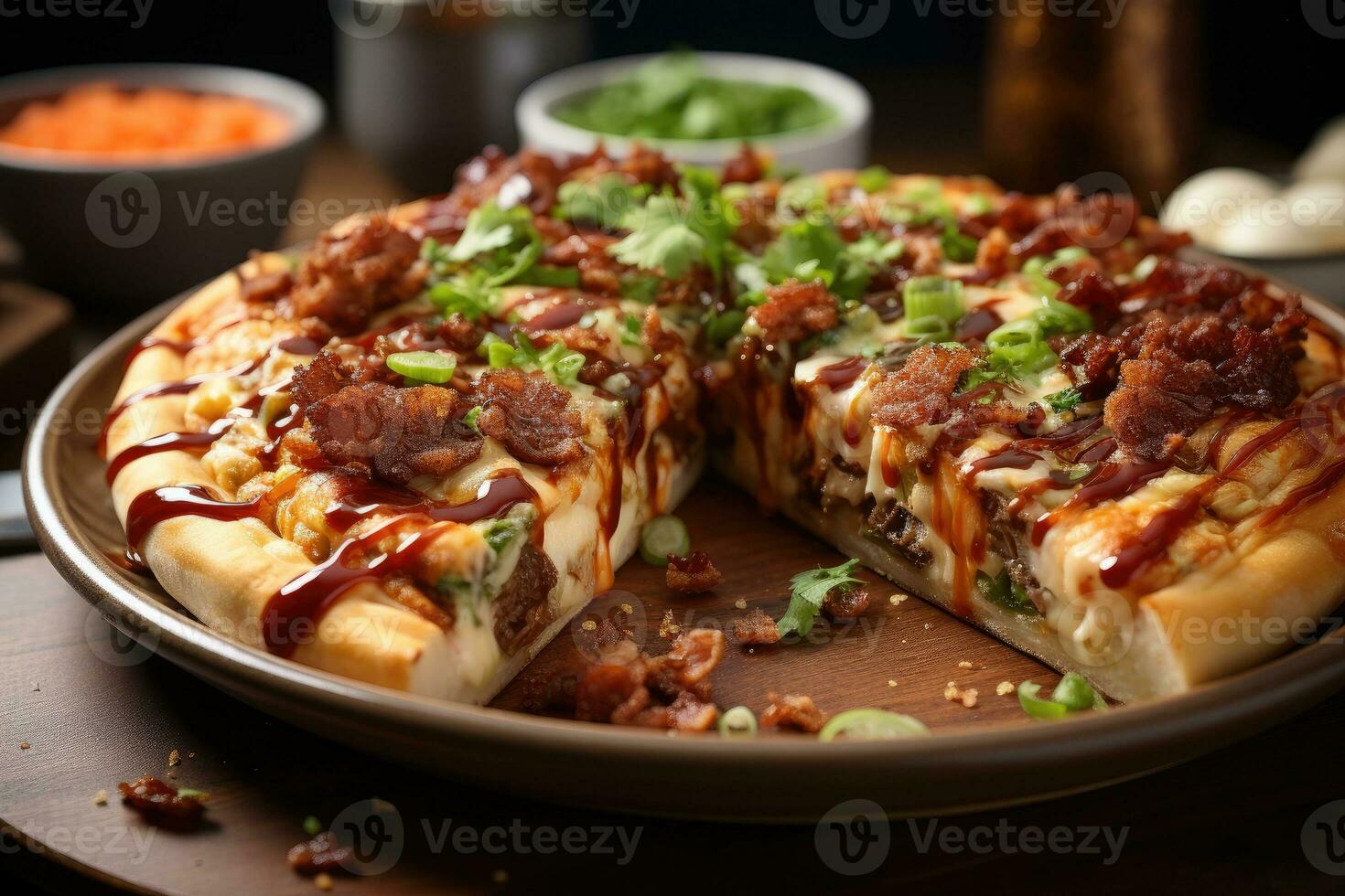 slice pizza with topping view light background professional advertising food photography AI Generated photo