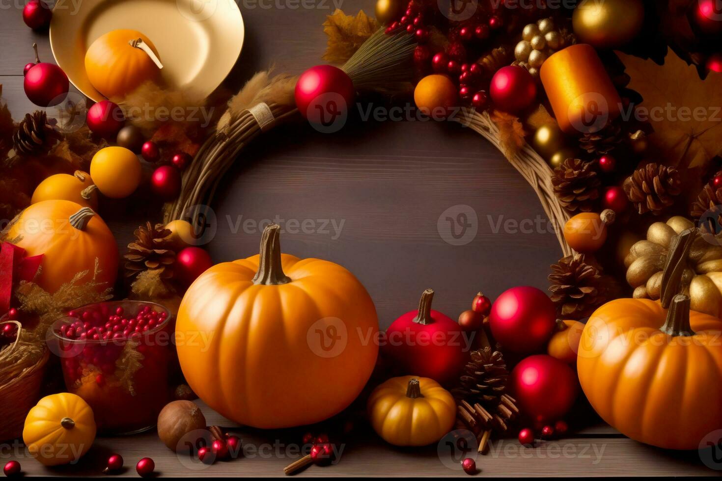 A Harvest of Thanks, Thanksgiving on Wooden Backdrop, AI Generated photo