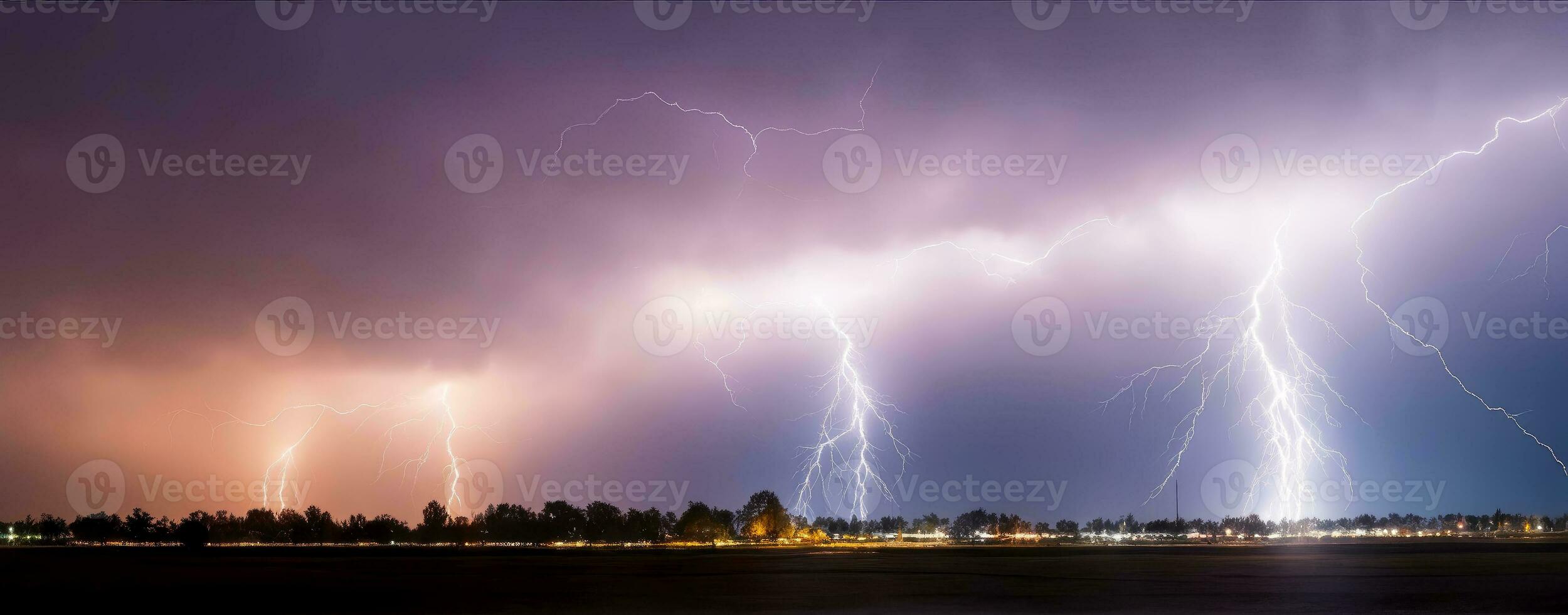 Electric Skies, Panorama of Stormy Lightning Landscape, AI Generated photo