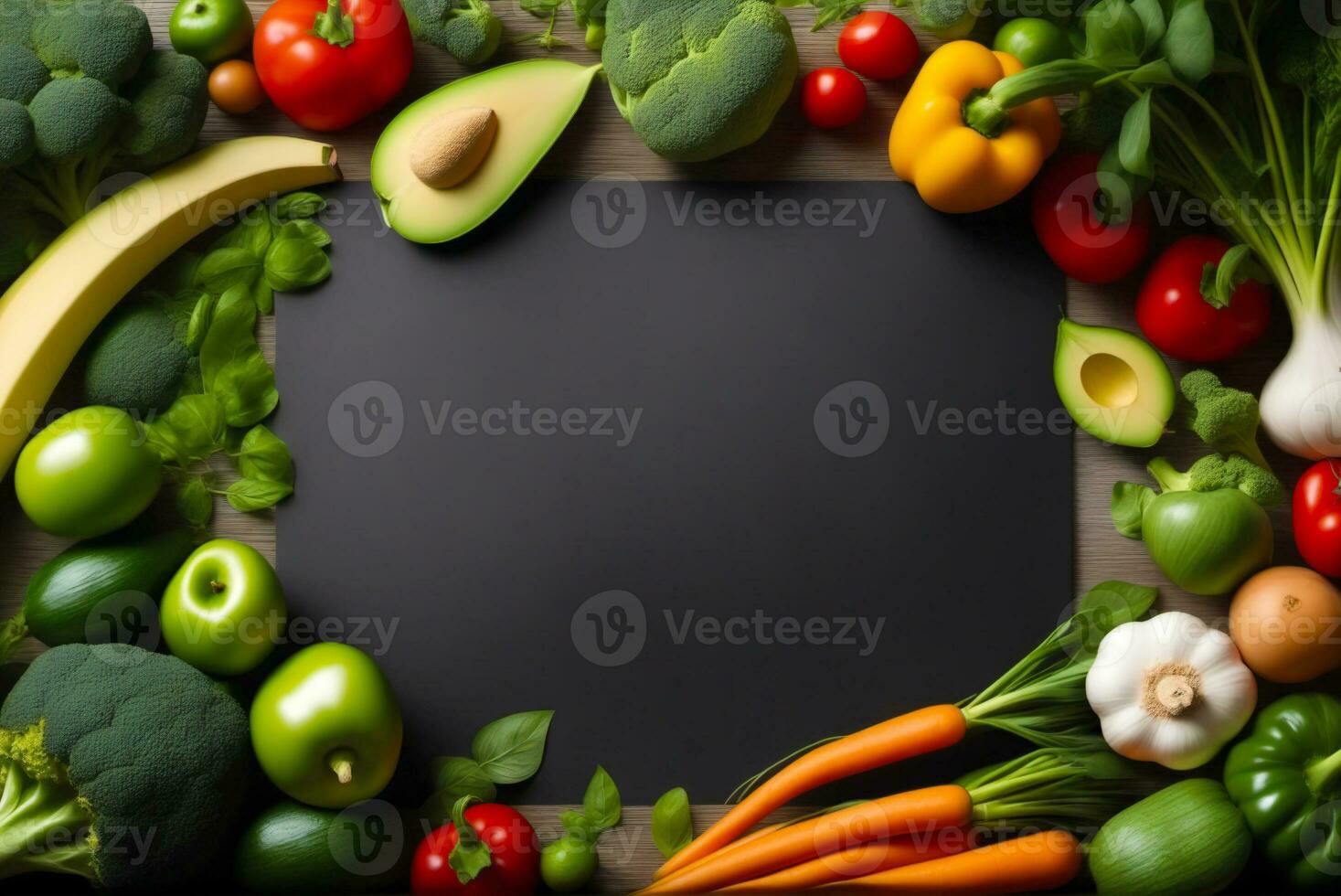 Fresh vegetables and fruits with black board on wooden table, top view, world vegan day, AI Generated photo