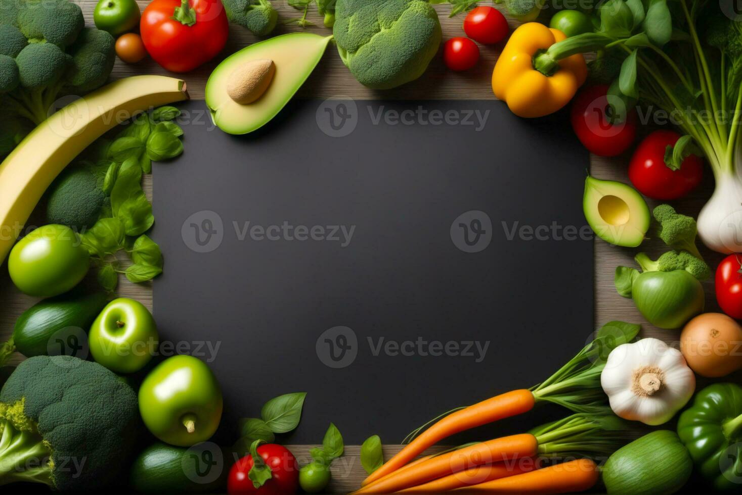 Fresco vegetales y frutas con negro tablero en de madera mesa, parte superior vista, mundo vegano día, ai generado foto