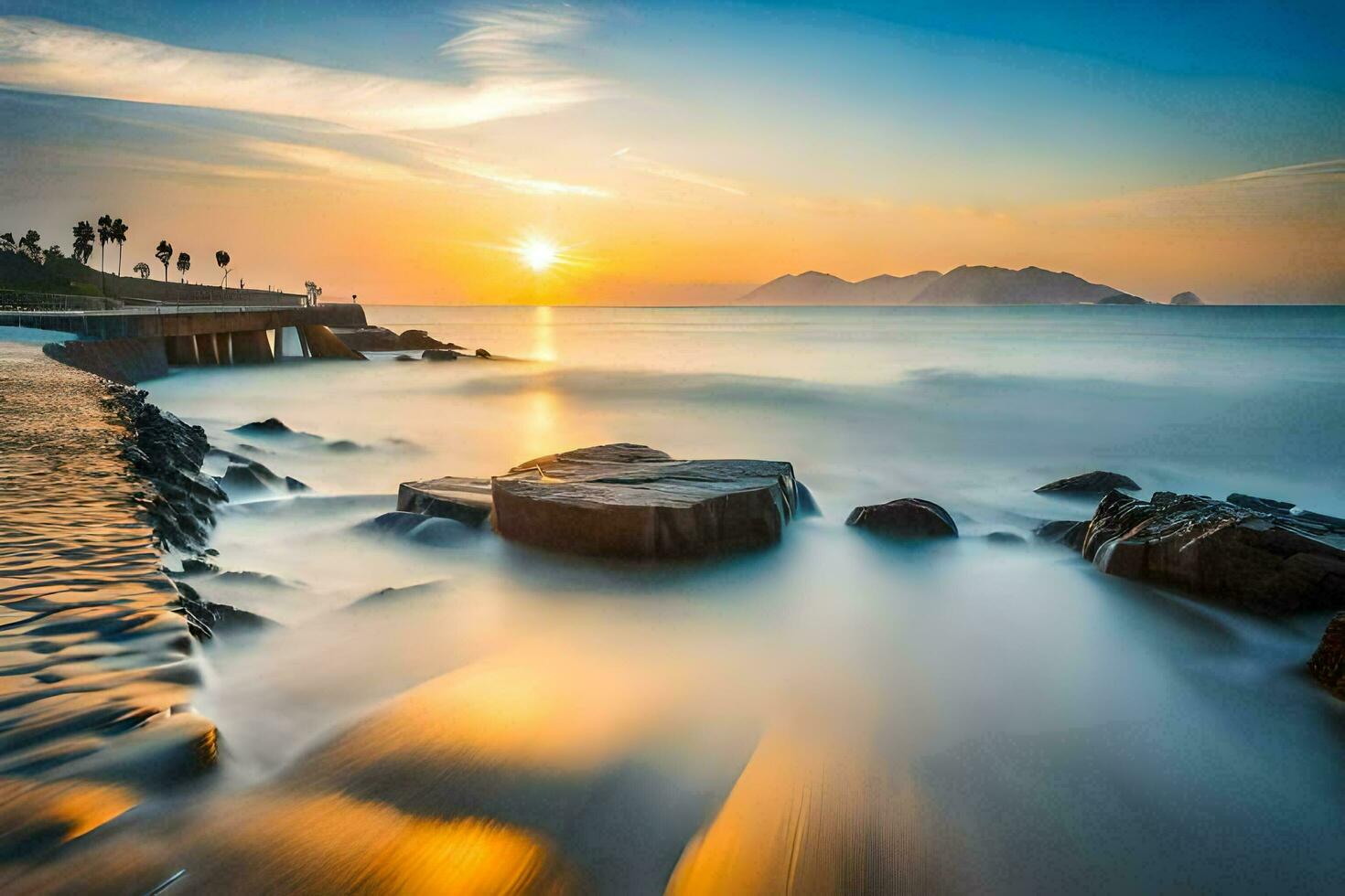 the sun sets over the ocean in this long exposure photo. AI-Generated photo