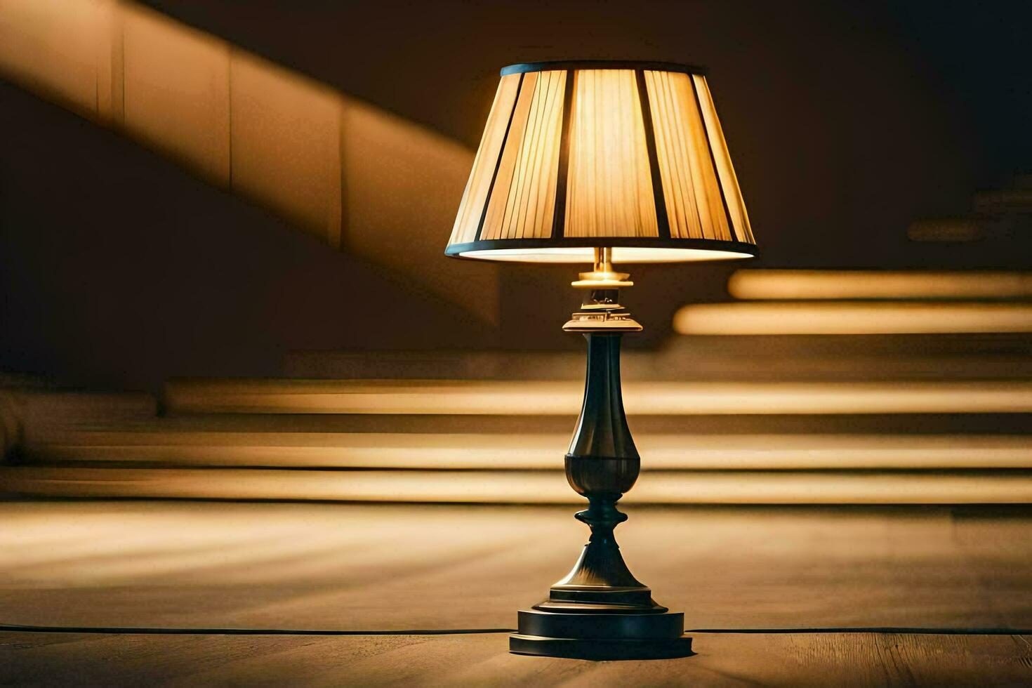 a lamp on a table in front of stairs. AI-Generated photo