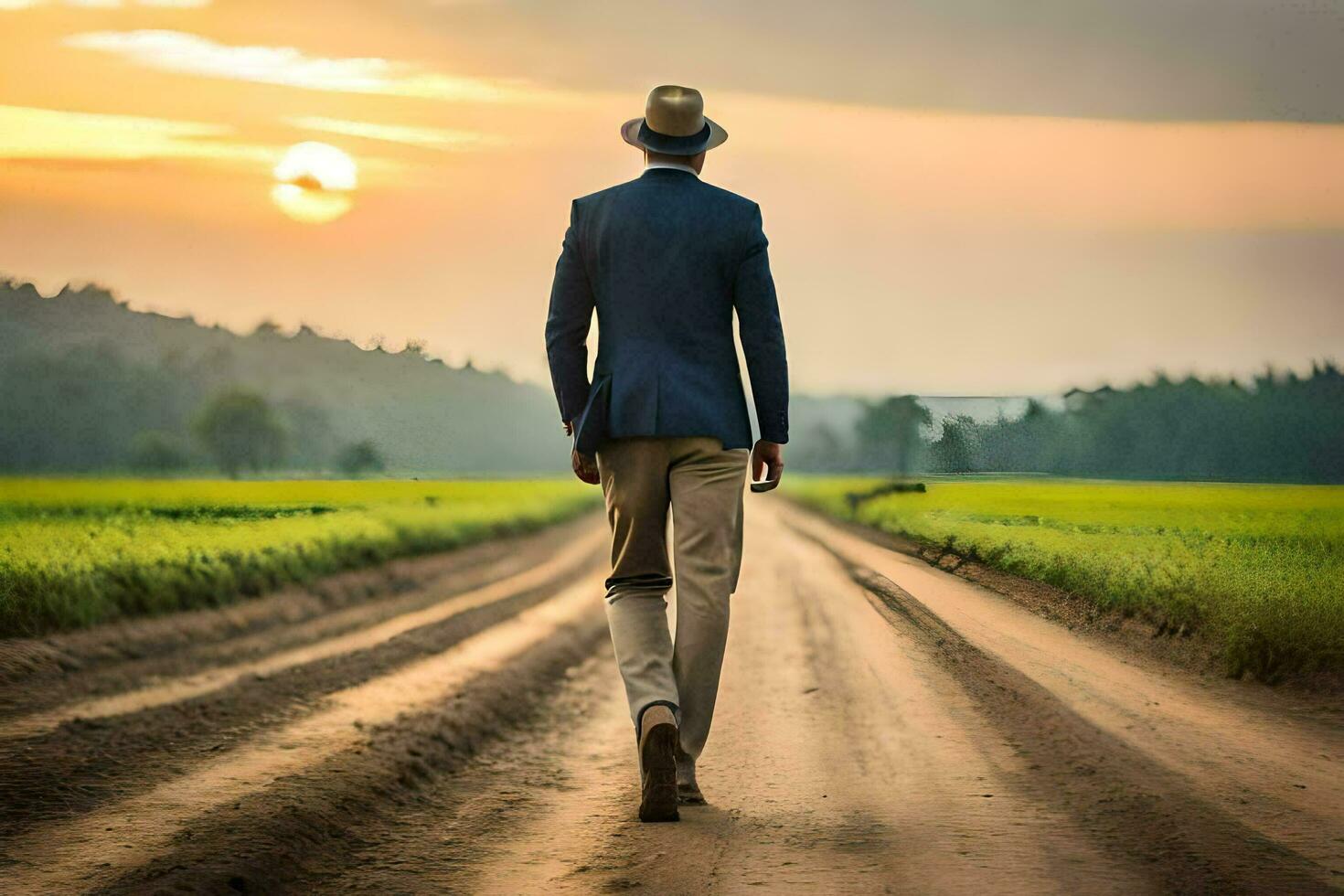 a man in a hat and suit walking down a dirt road. AI-Generated photo