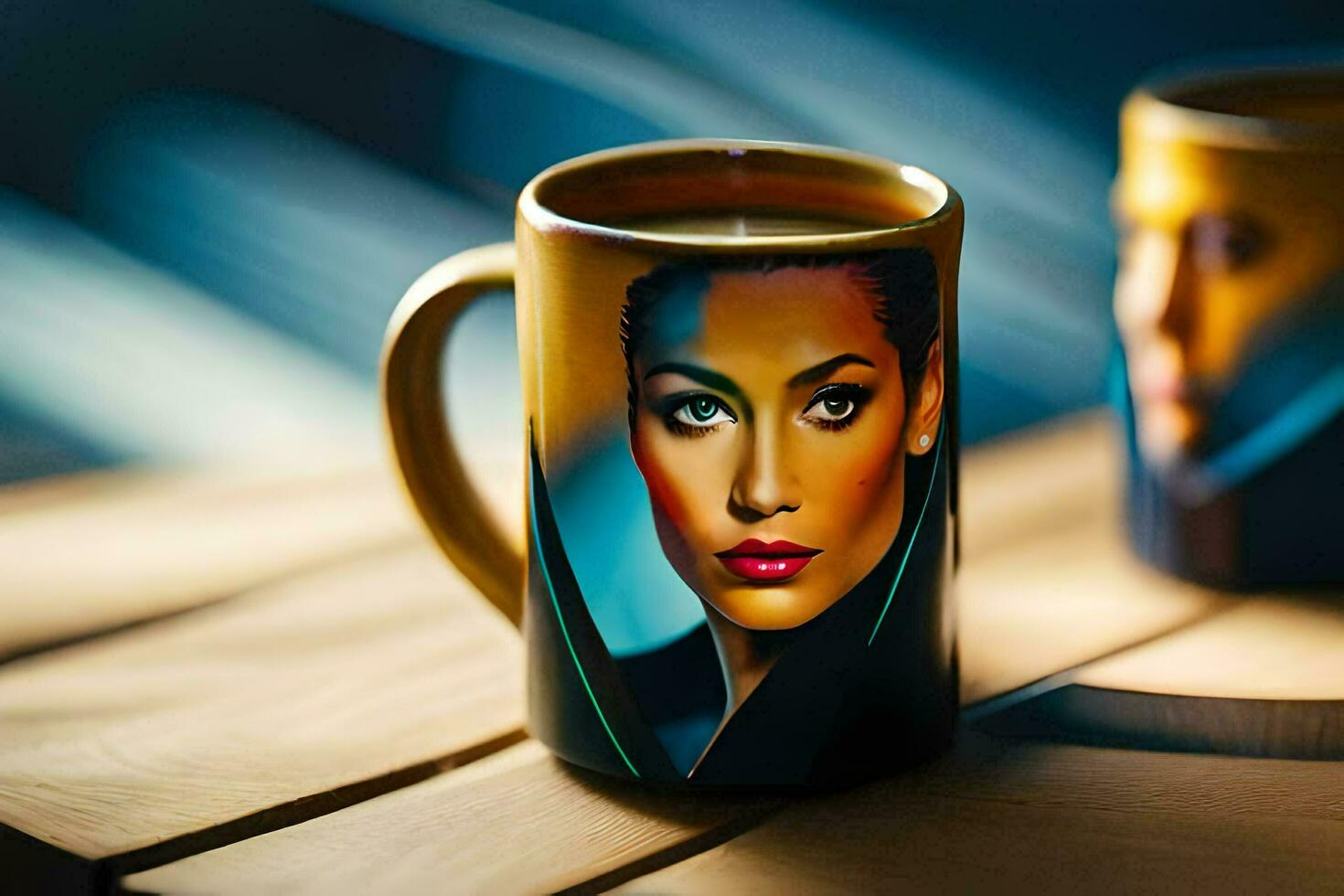 two coffee mugs with a woman's face on them. AI-Generated photo