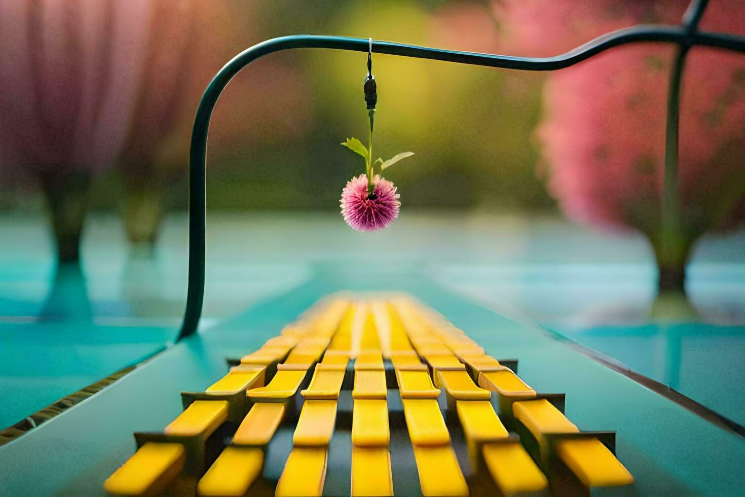 a flower is hanging from a wire in a park. AI-Generated photo