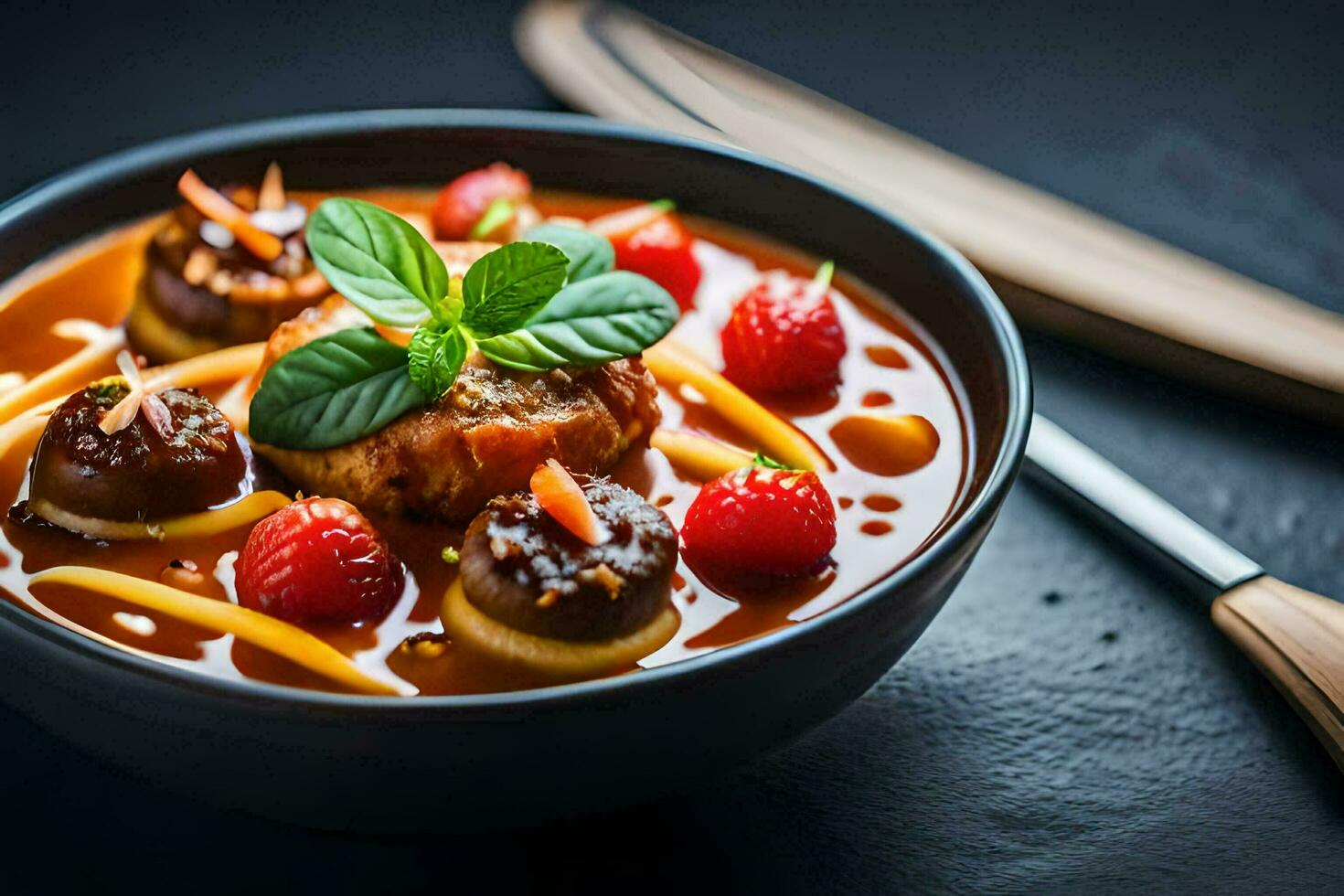 a bowl of soup with meat and vegetables. AI-Generated photo