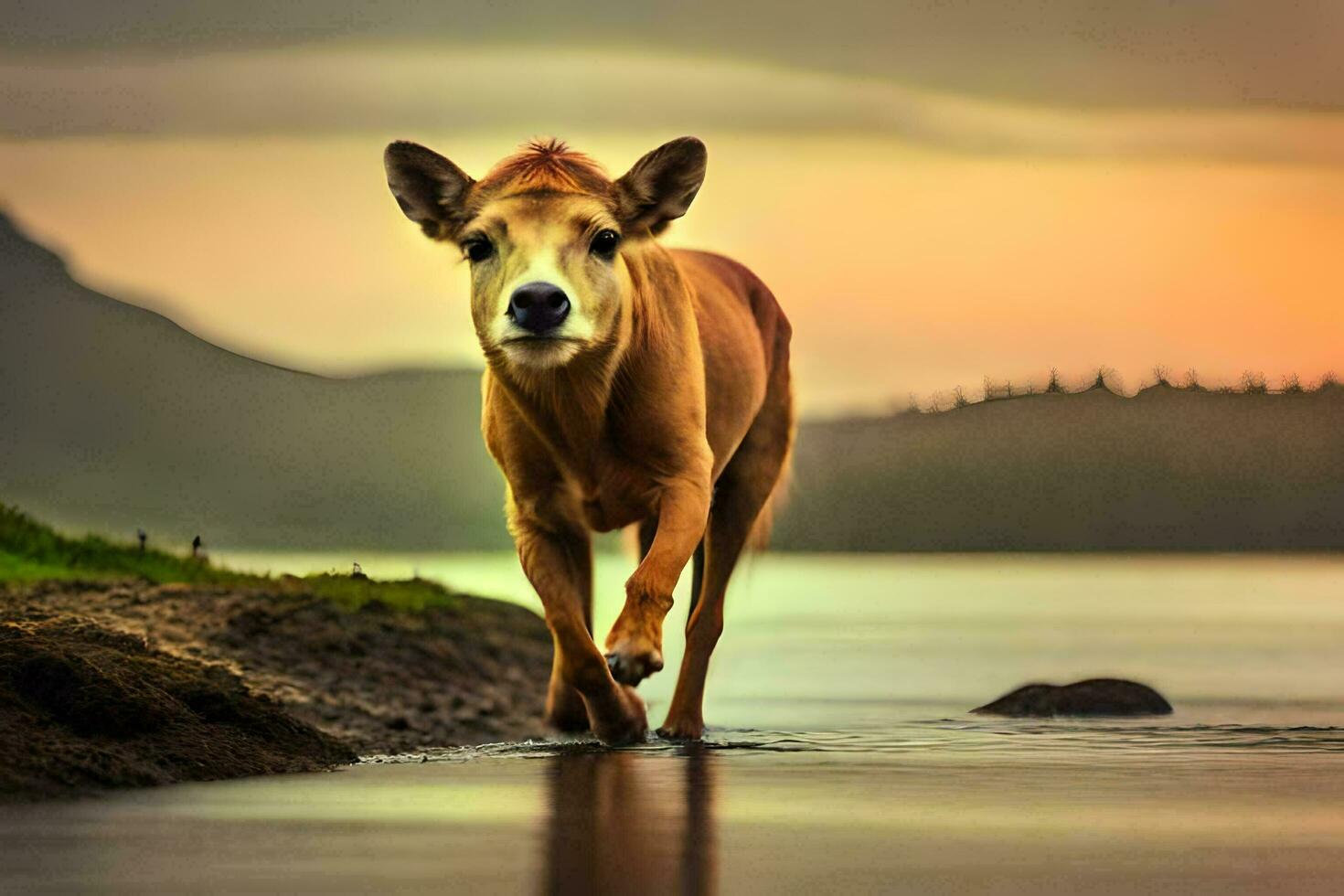 a brown horse walking across the water at sunset. AI-Generated photo