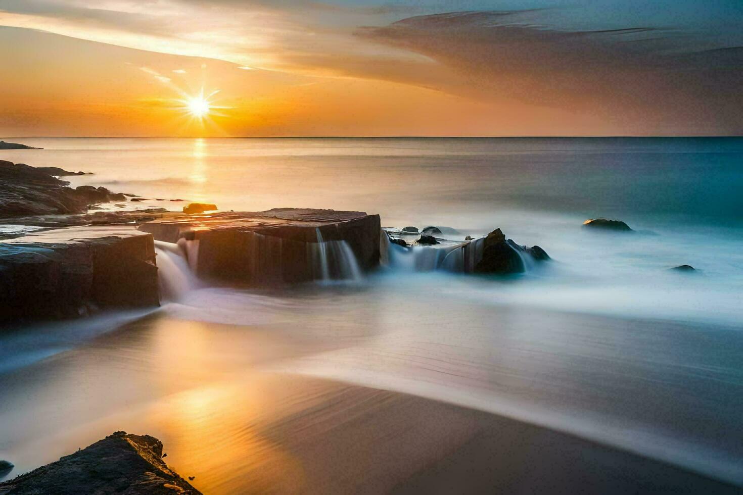 a beautiful sunset over the ocean with rocks and water. AI-Generated photo