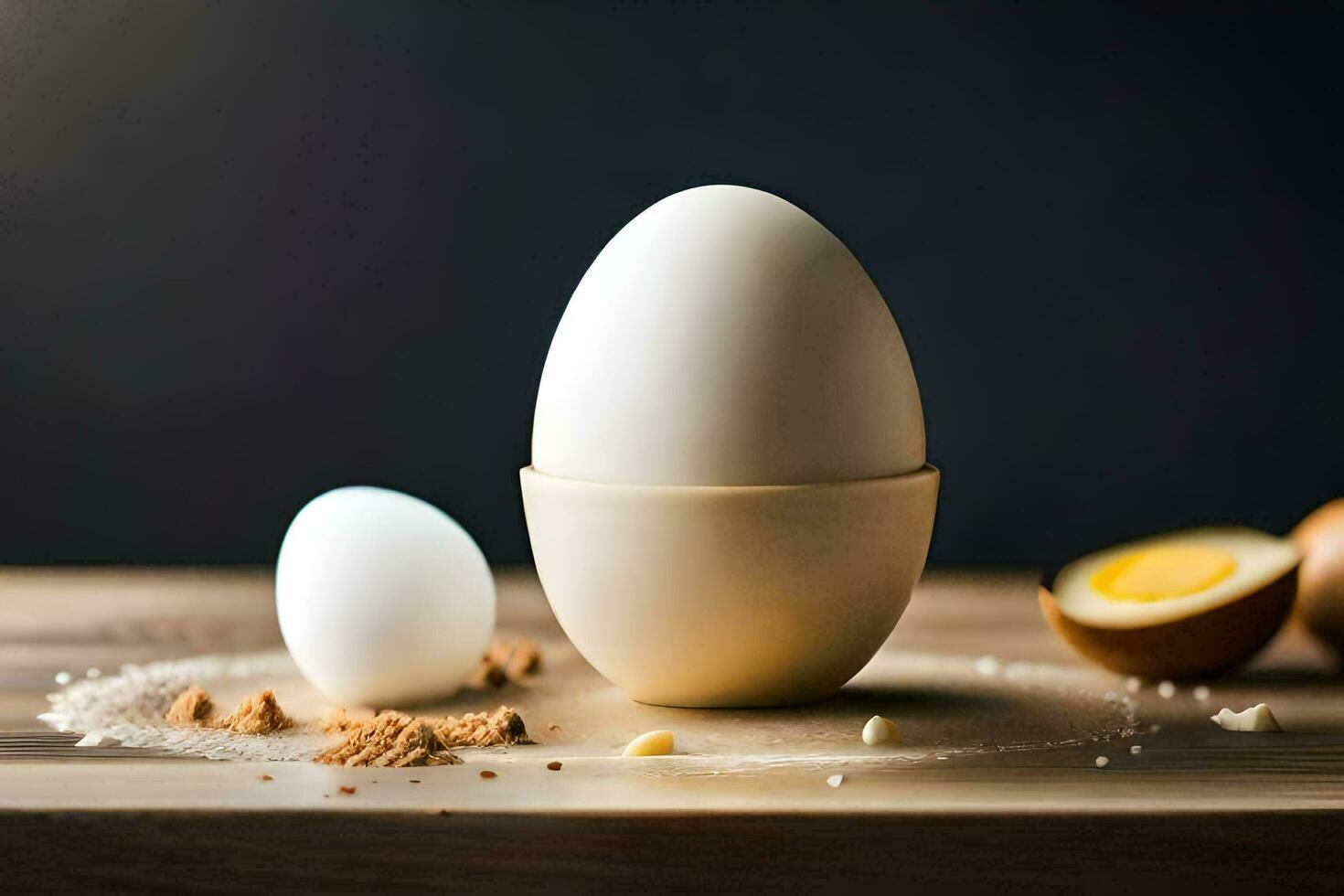 an egg and a half shell on a table. AI-Generated photo