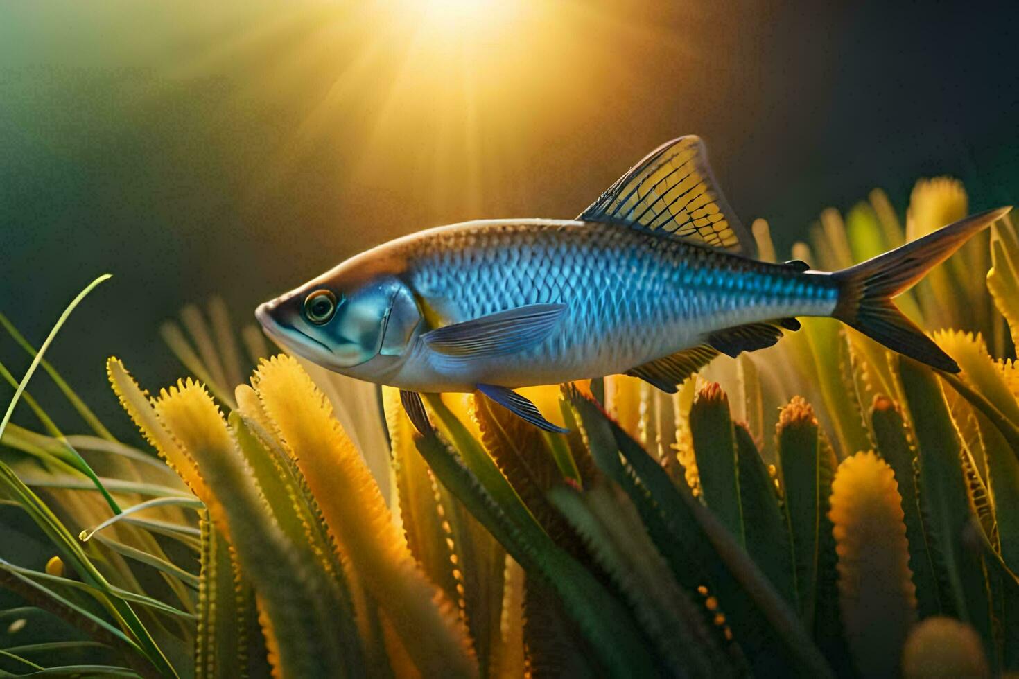 a fish is standing on top of some grass. AI-Generated photo