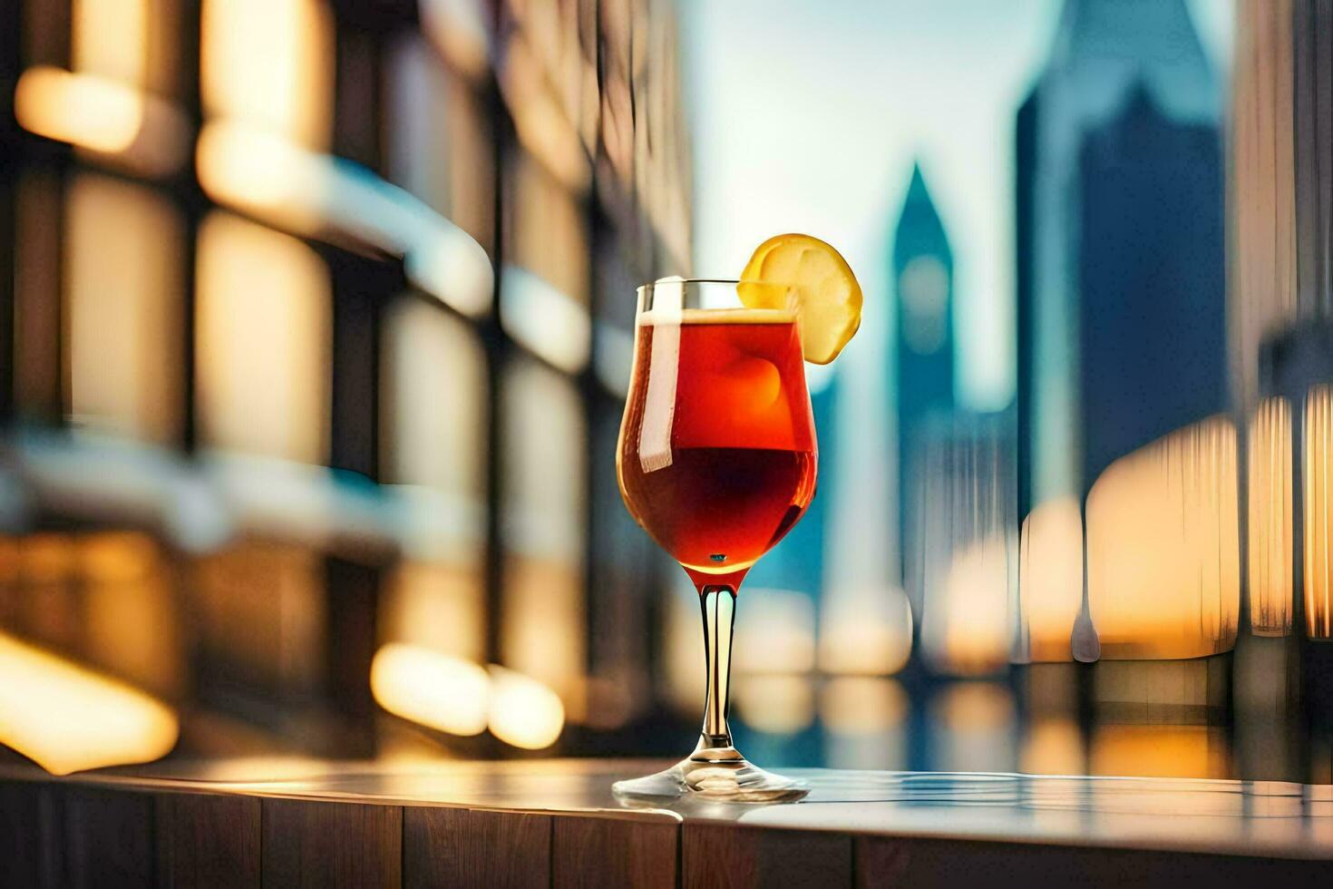 a glass of red wine sitting on a table in front of a city skyline. AI-Generated photo
