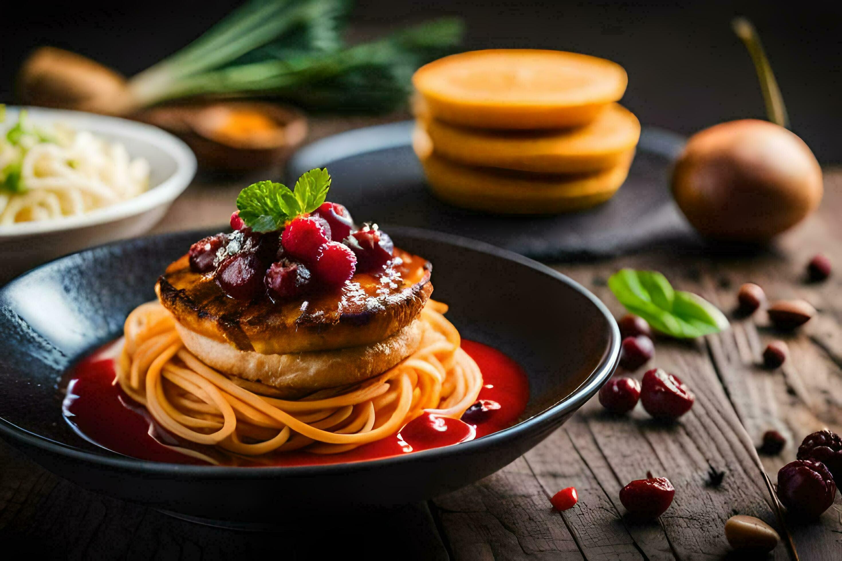 a plate of spaghetti with cranberry sauce and cranberries. AI-Generated ...