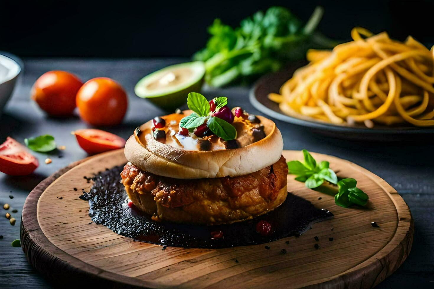 a burger with tomato, cheese and vegetables on a wooden board. AI-Generated photo
