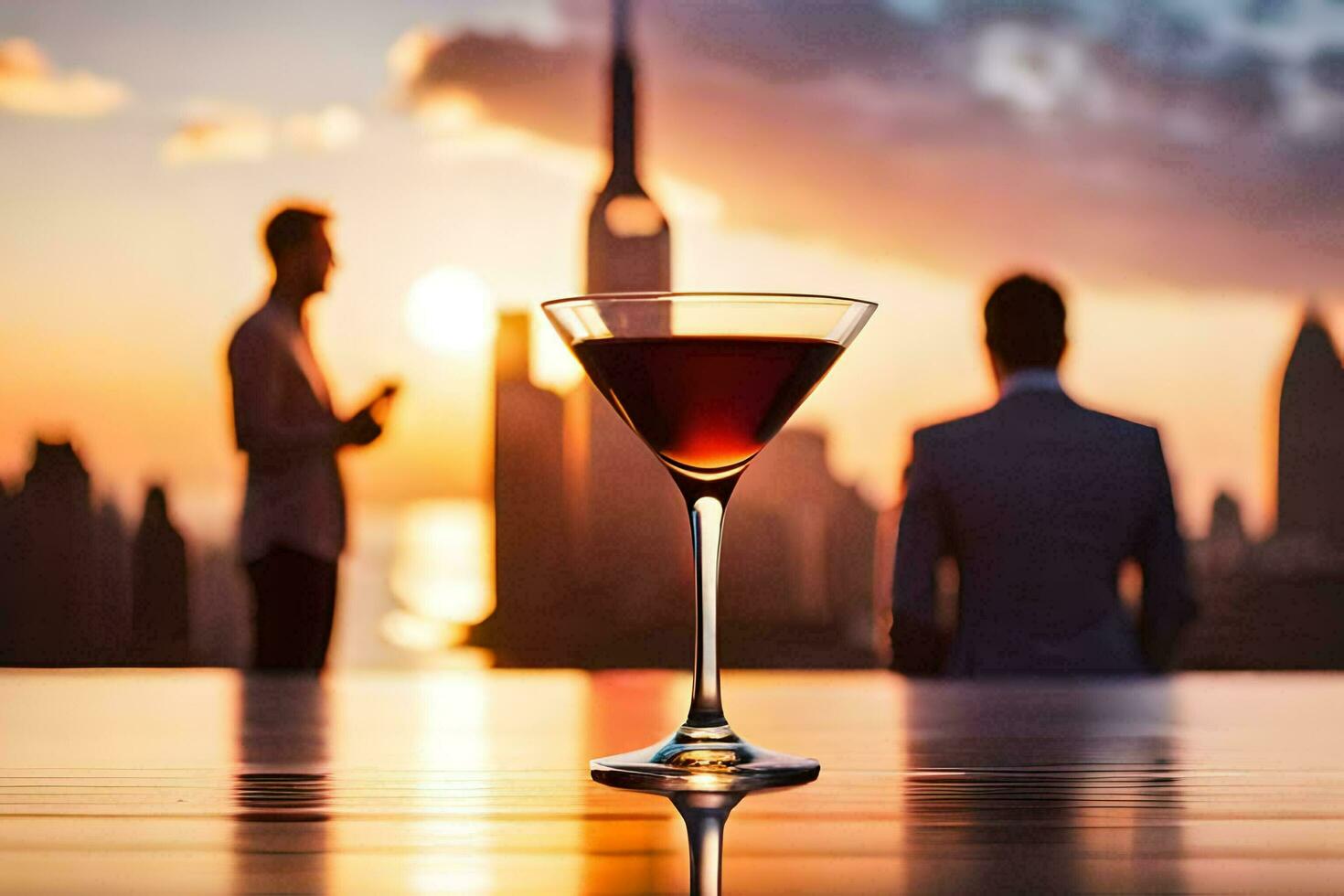 a martini glass with a sunset in the background. AI-Generated photo