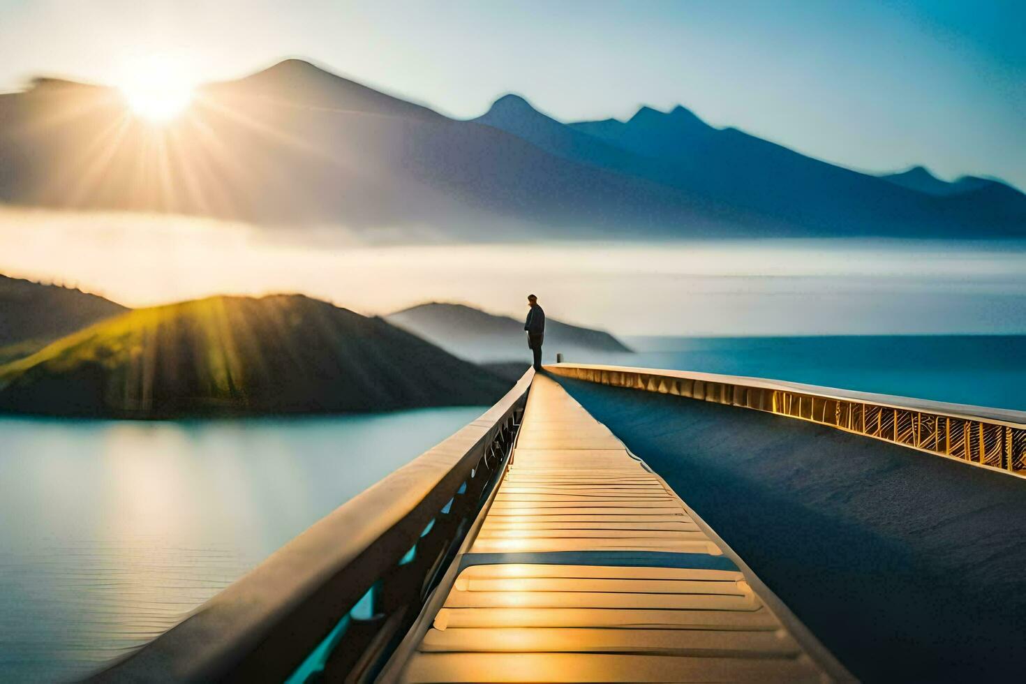 a man standing on a bridge over water and mountains. AI-Generated photo