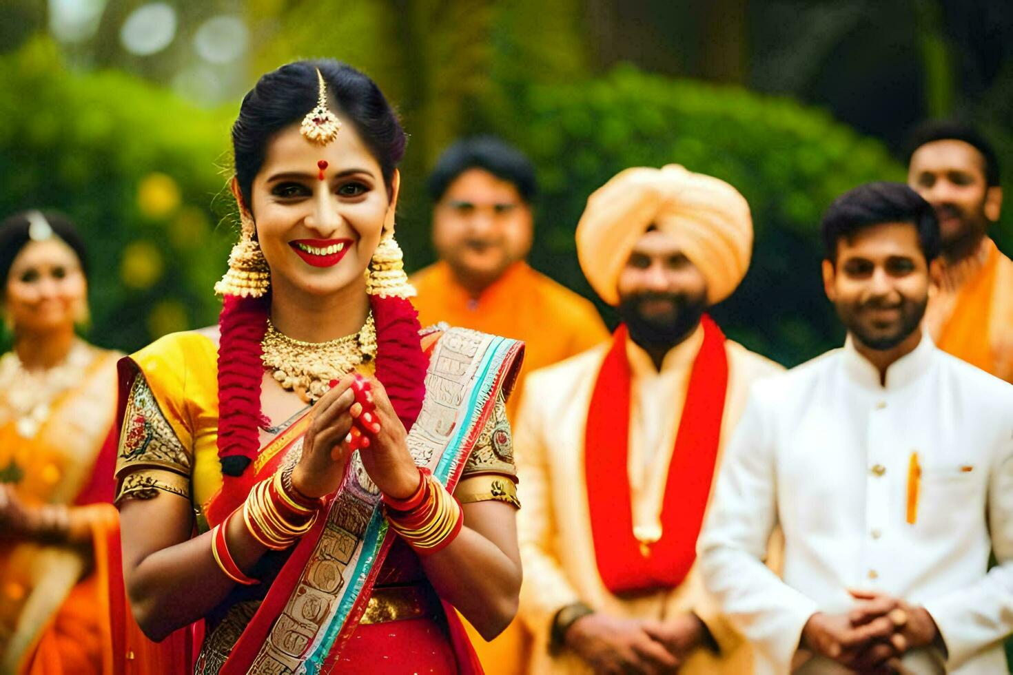 a bride in traditional indian attire with her groom. AI-Generated photo