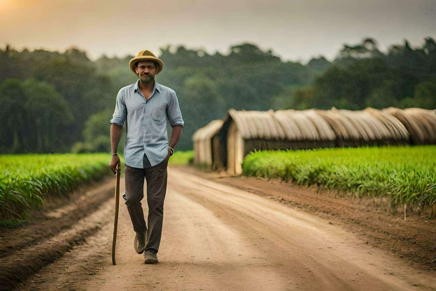 a man walking down a dirt road with cane in hand. AI-Generated photo