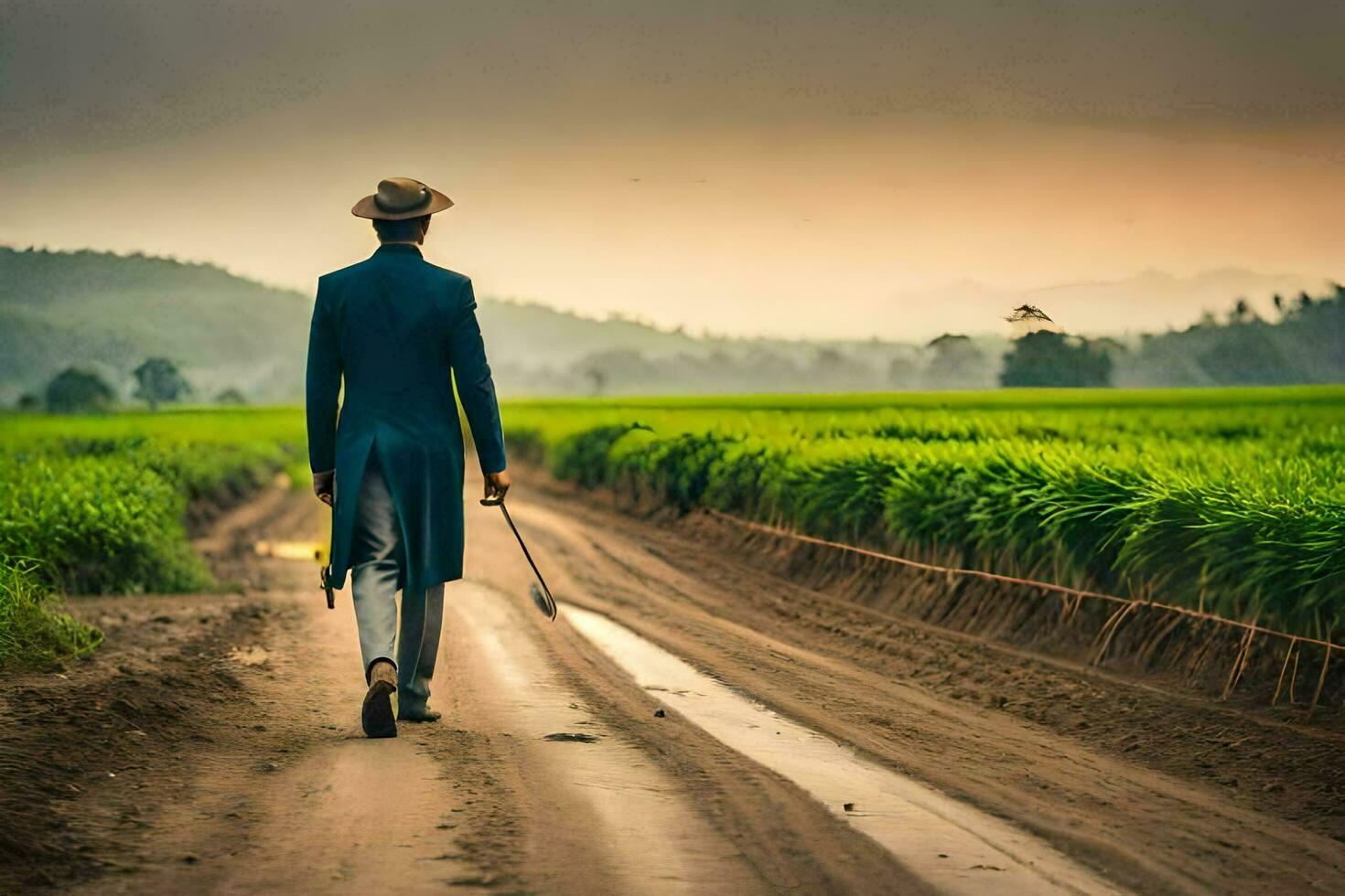 a man in a suit walks down a dirt road. AI-Generated photo