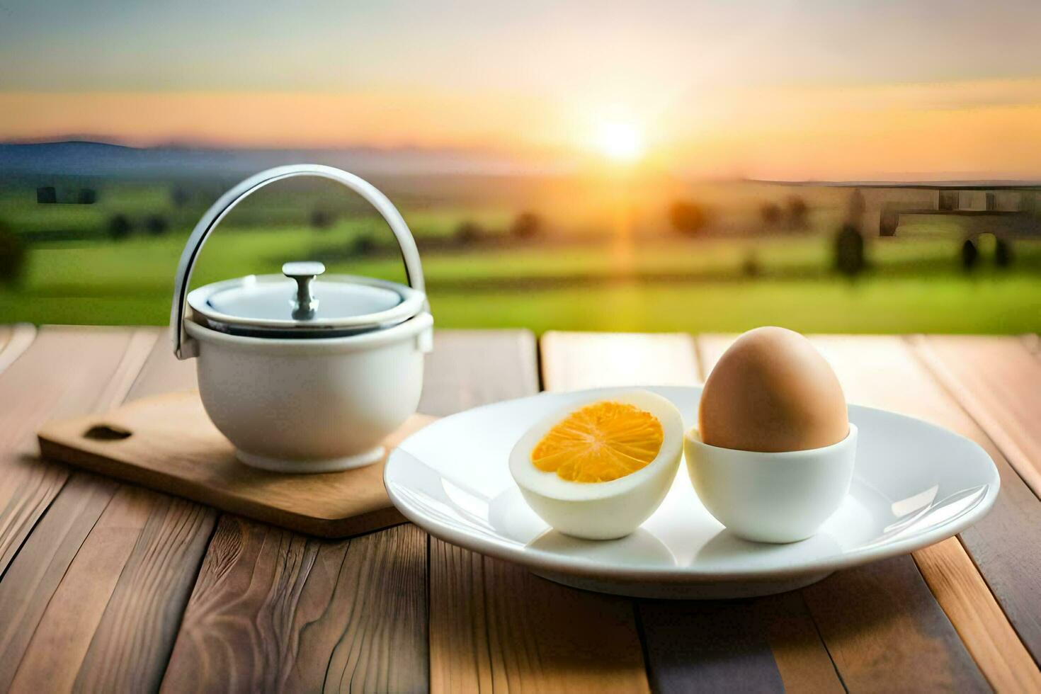 eggs and a cup of tea on the table. AI-Generated photo