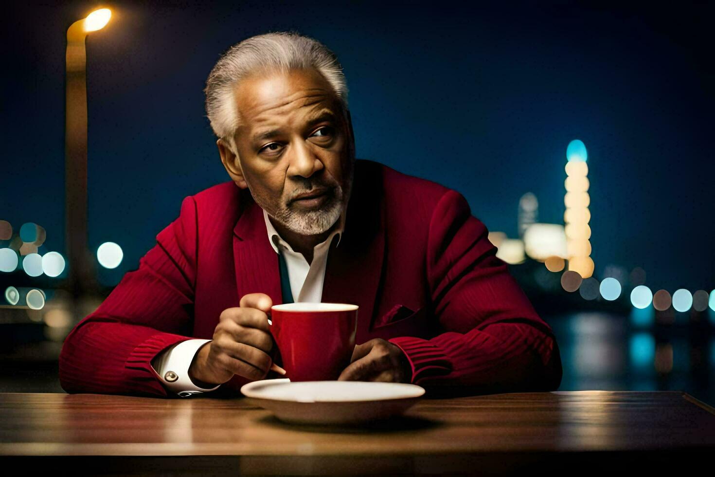 an older man in a red jacket sitting at a table with a cup of coffee. AI-Generated photo