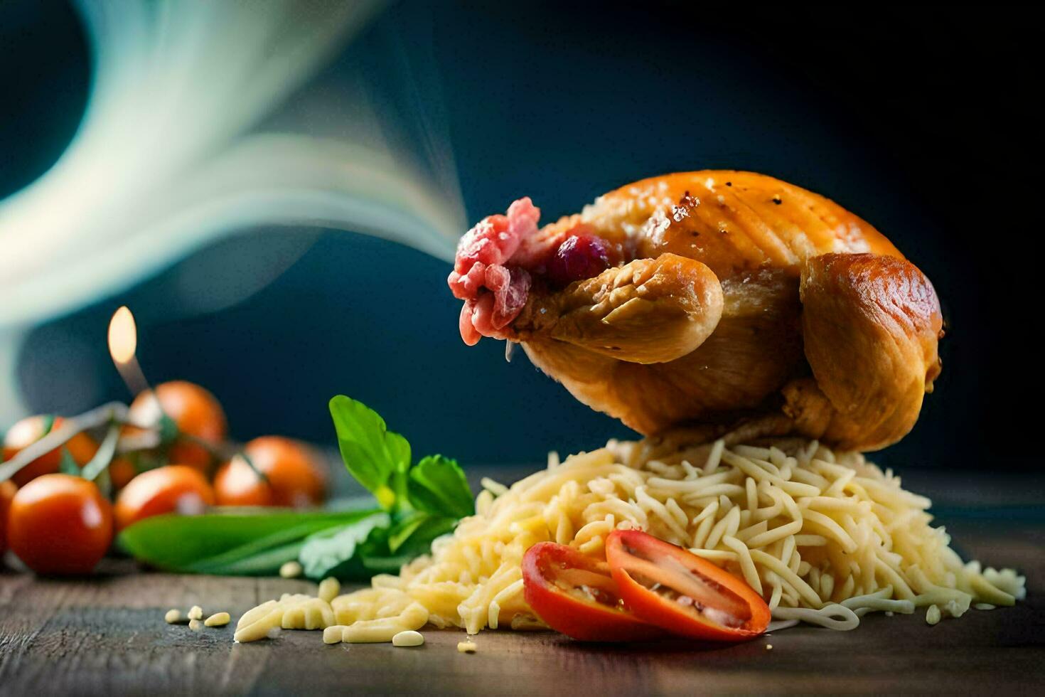 a chicken on top of a plate with tomatoes and basil. AI-Generated photo