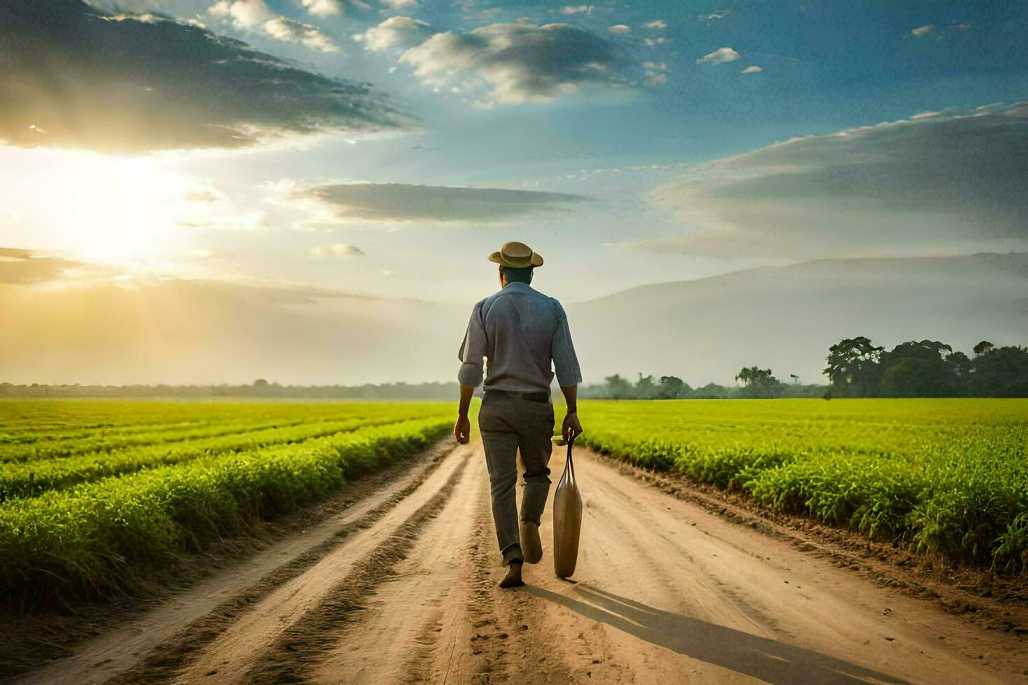 a farmer walks through a field of green crops. AI-Generated photo