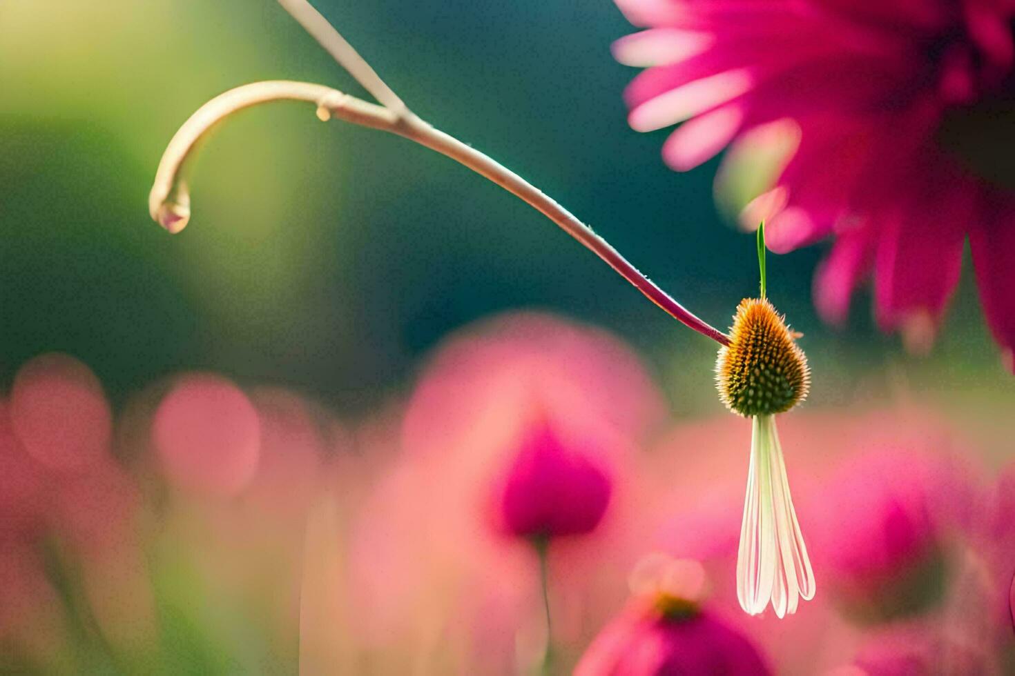 a pink flower is in the middle of a field. AI-Generated photo