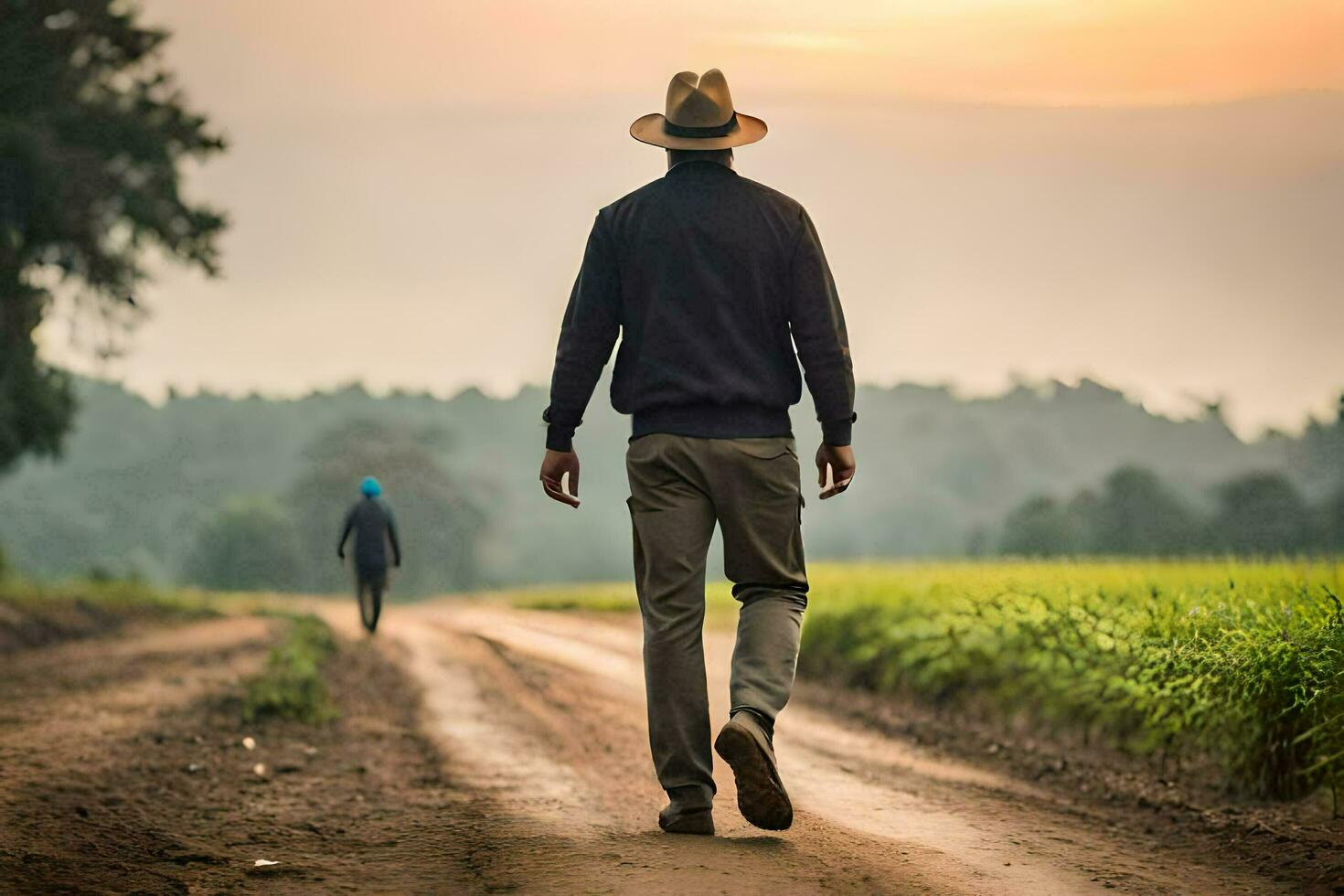 un hombre caminando abajo un suciedad la carretera con un sombrero en. generado por ai foto