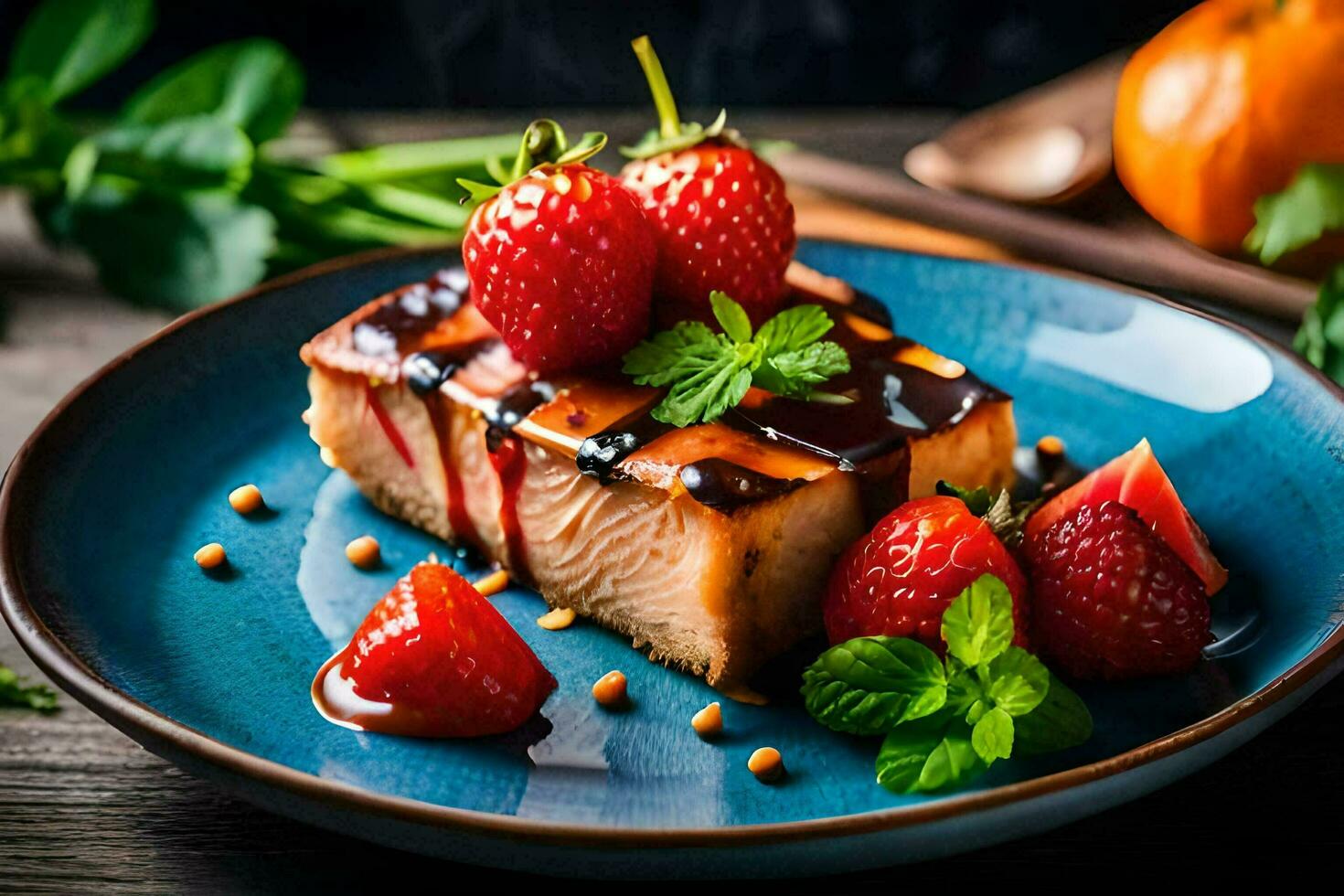 a piece of salmon with strawberries and mint on a blue plate. AI-Generated photo