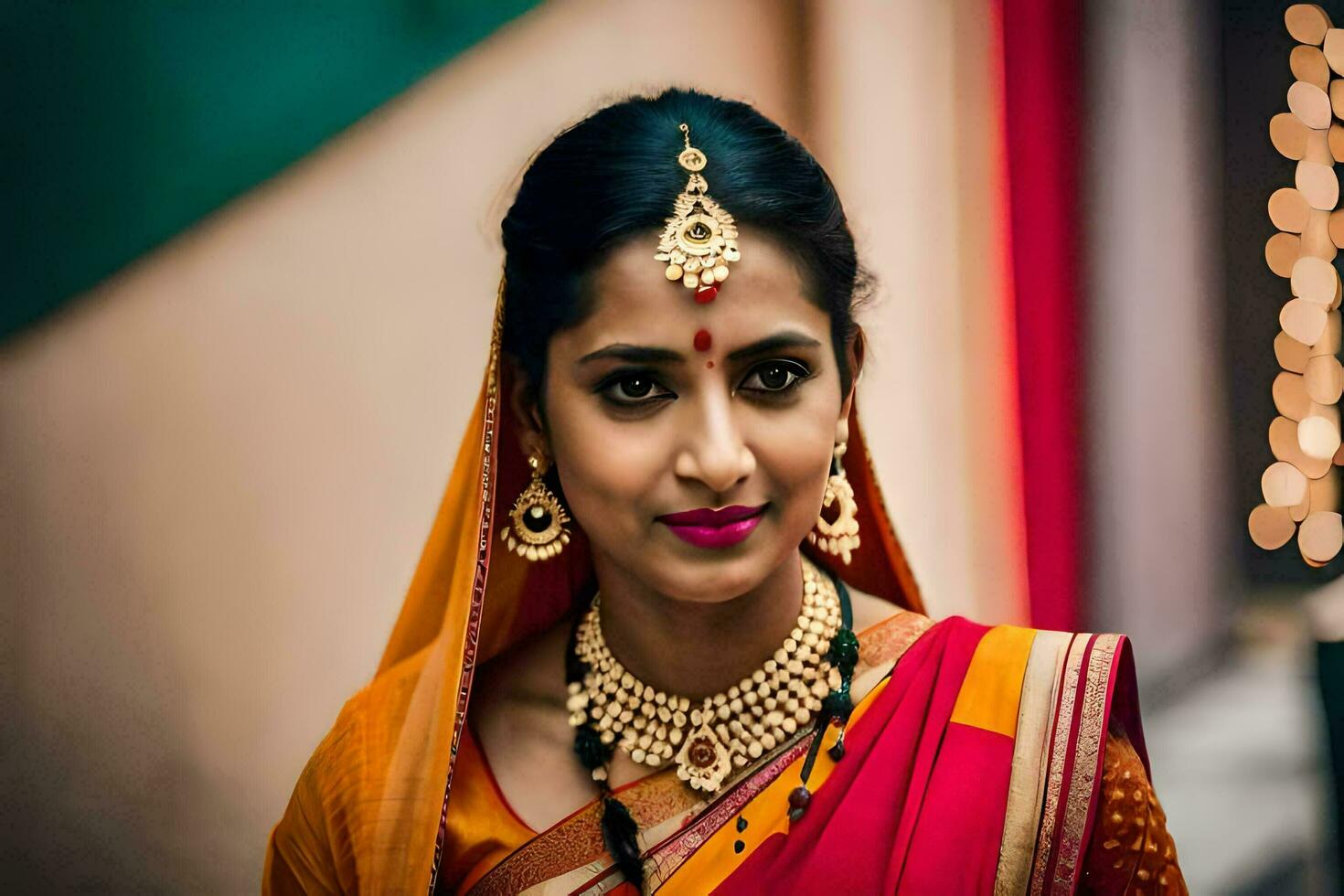 a beautiful indian bride in a bright red sari. AI-Generated photo