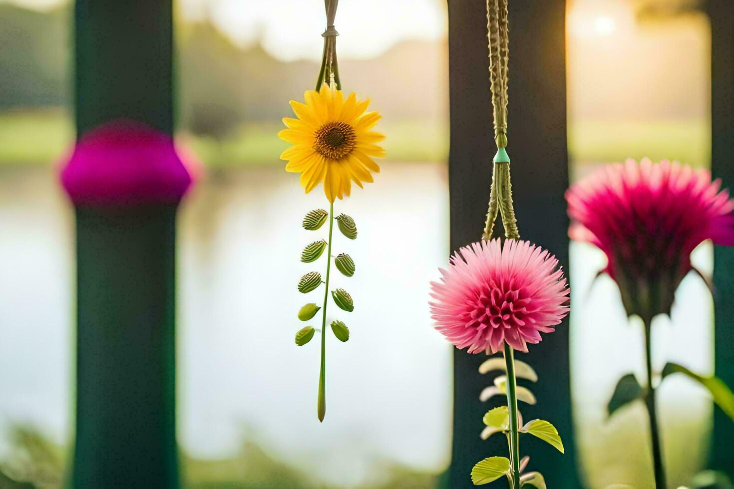 colorful flowers hanging from a string near a lake. AI-Generated photo
