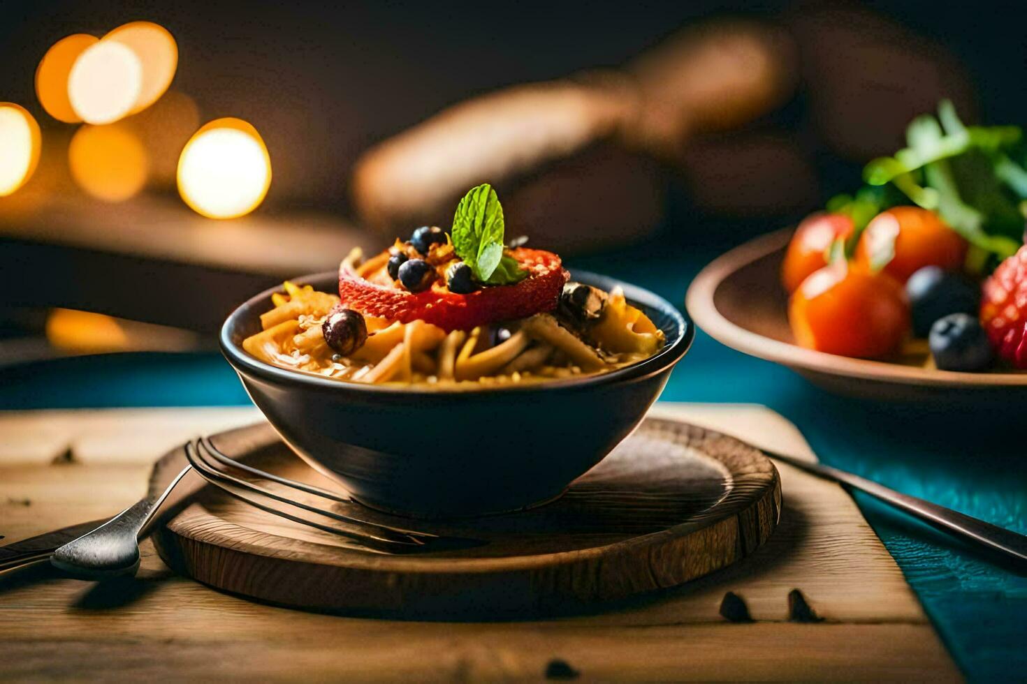 un cuenco de pasta con Tomates y albahaca en un de madera mesa. generado por ai foto