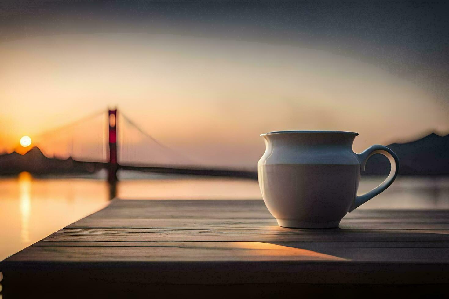 coffee cup on the dock, sunrise, the golden gate bridge, hd wallpaper