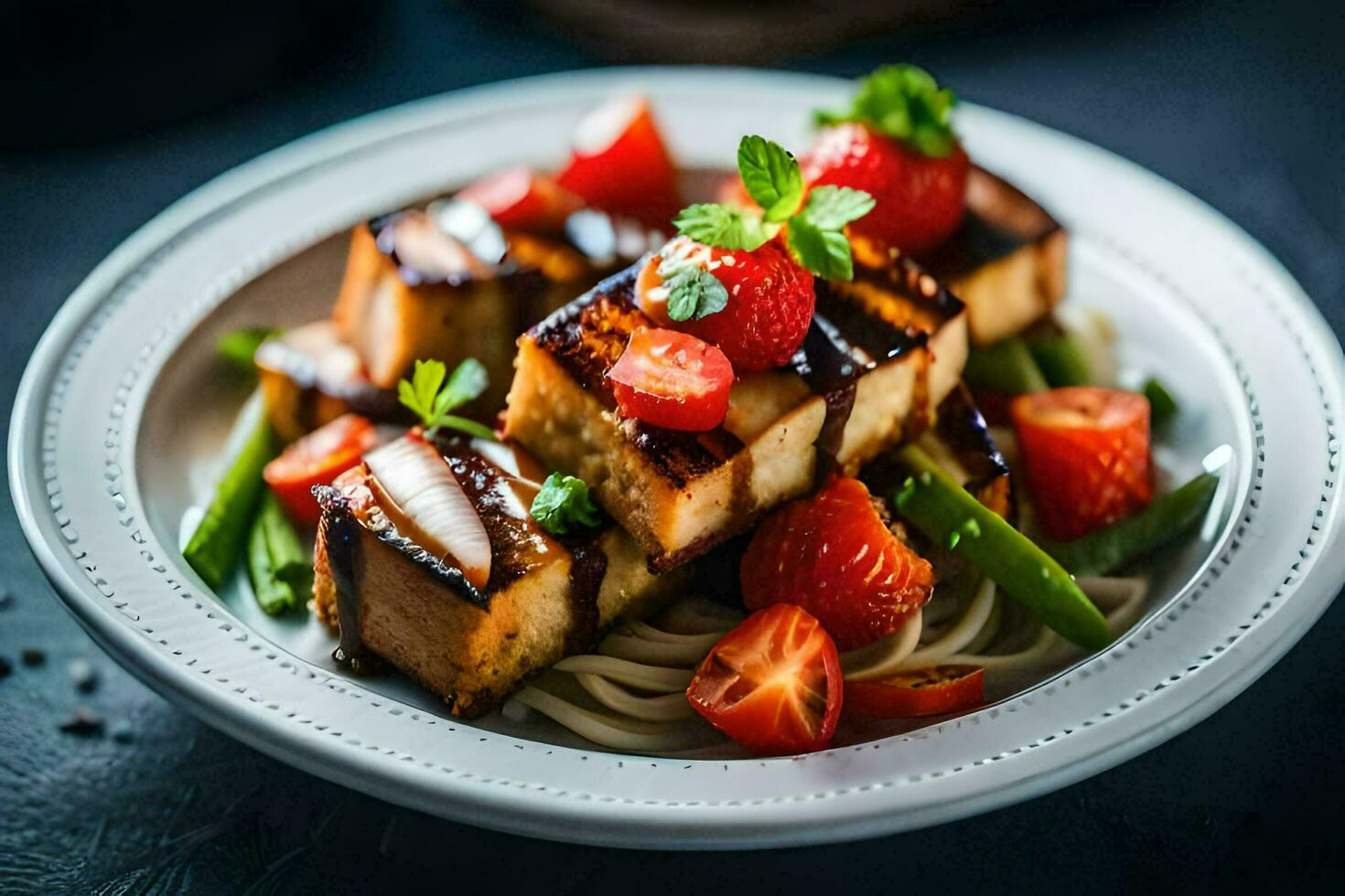 a plate of tofu with strawberries and vegetables. AI-Generated photo