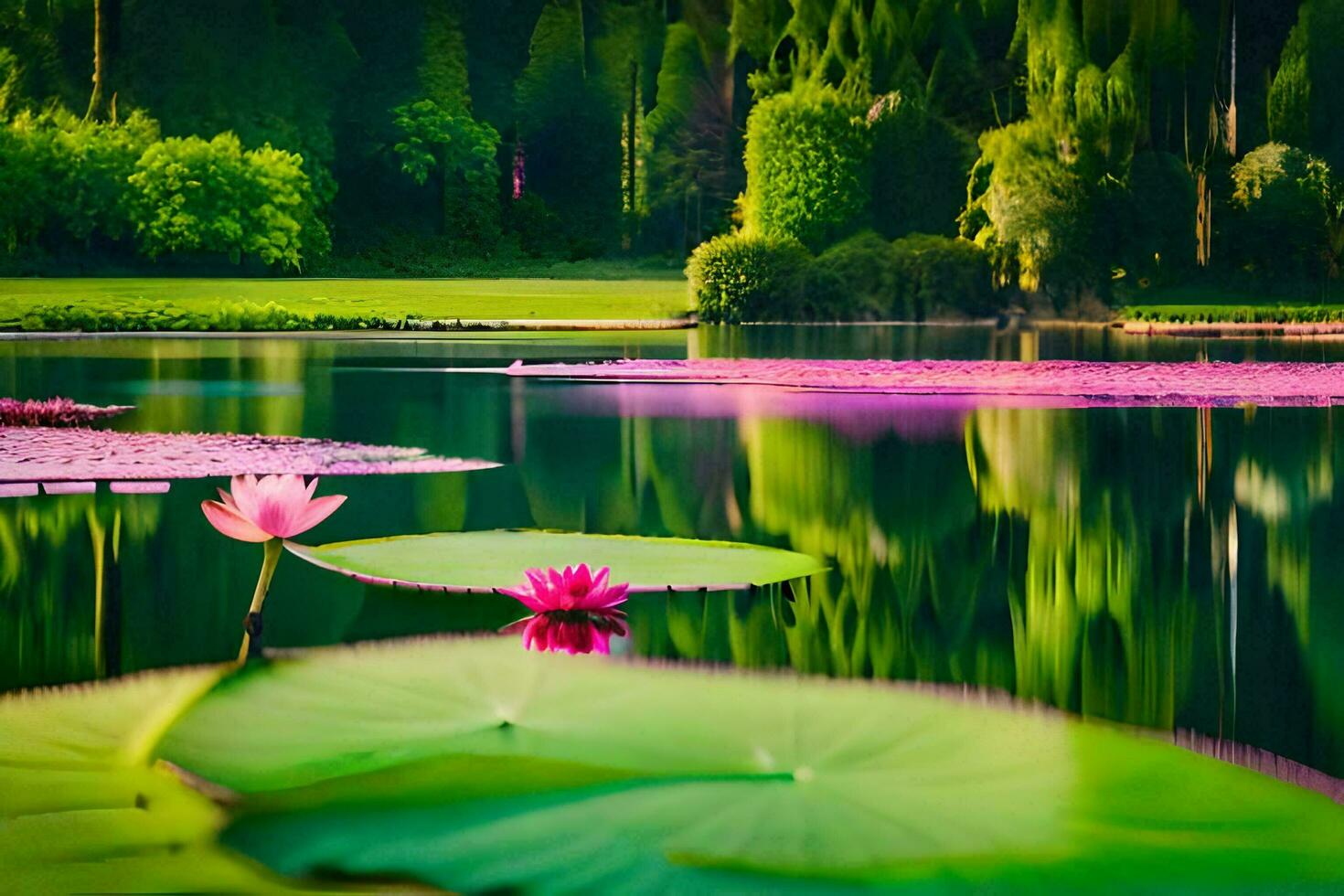 pink lotus flower in the water with green leaves. AI-Generated photo