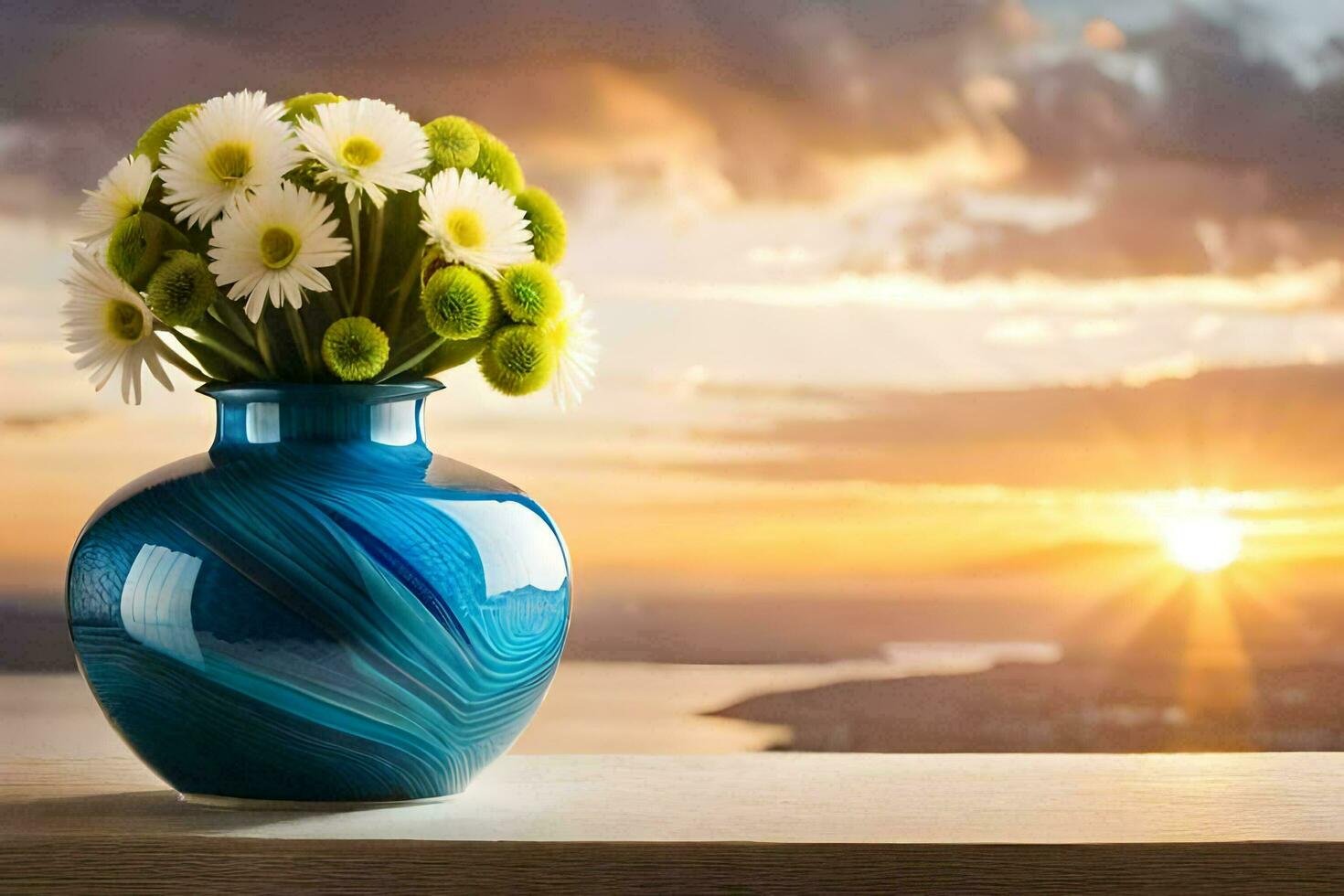 a blue vase with daisies on a table in front of a sunset. AI-Generated photo