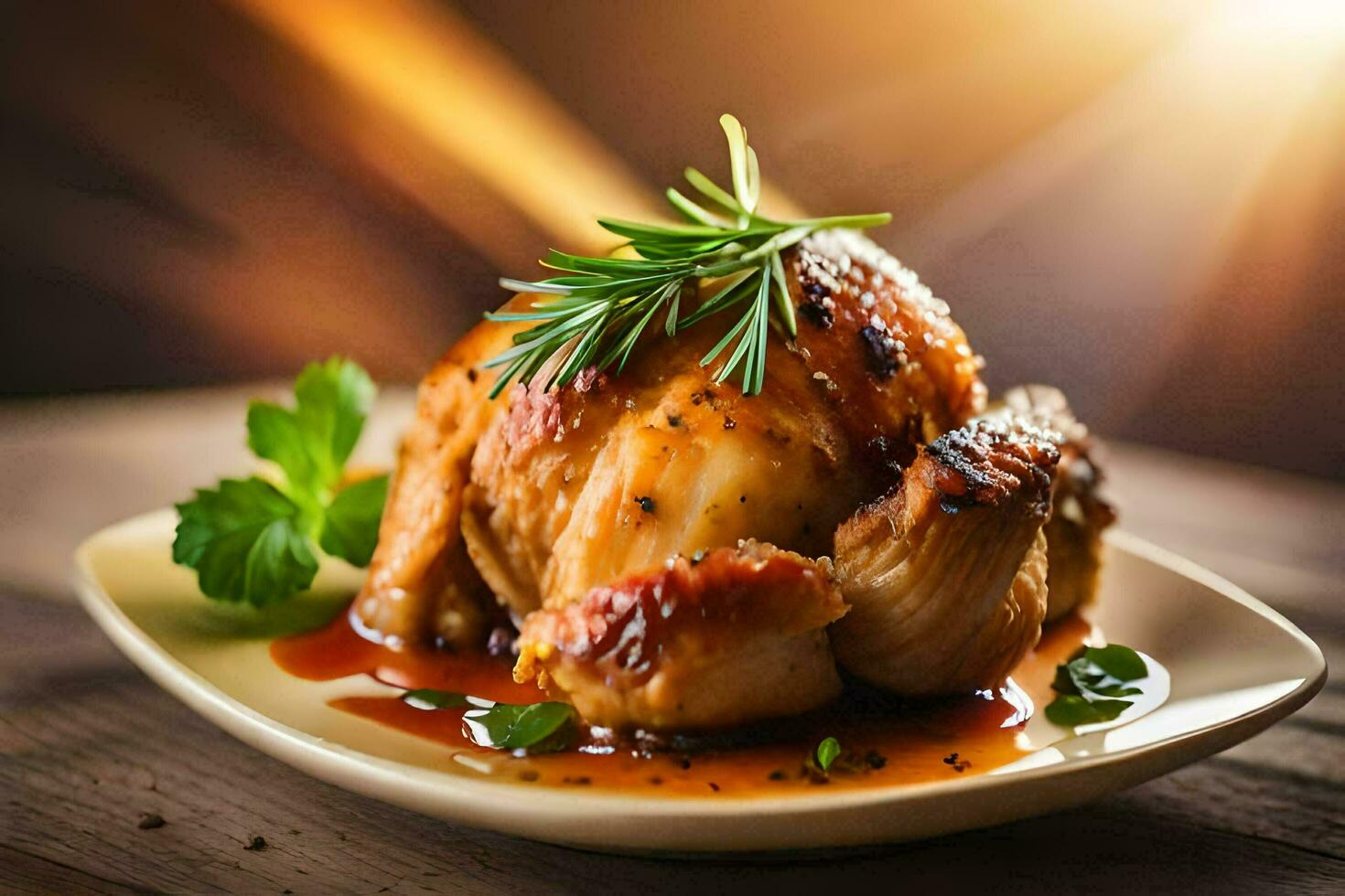 a chicken on a plate with sauce and herbs. AI-Generated photo