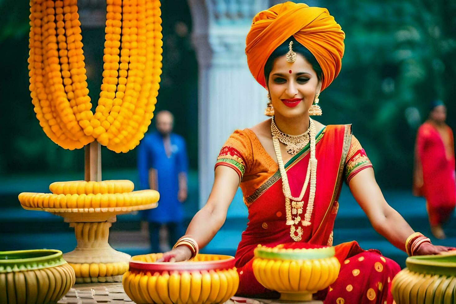 a woman in a traditional indian outfit sits on a table with pots and bowls. AI-Generated photo