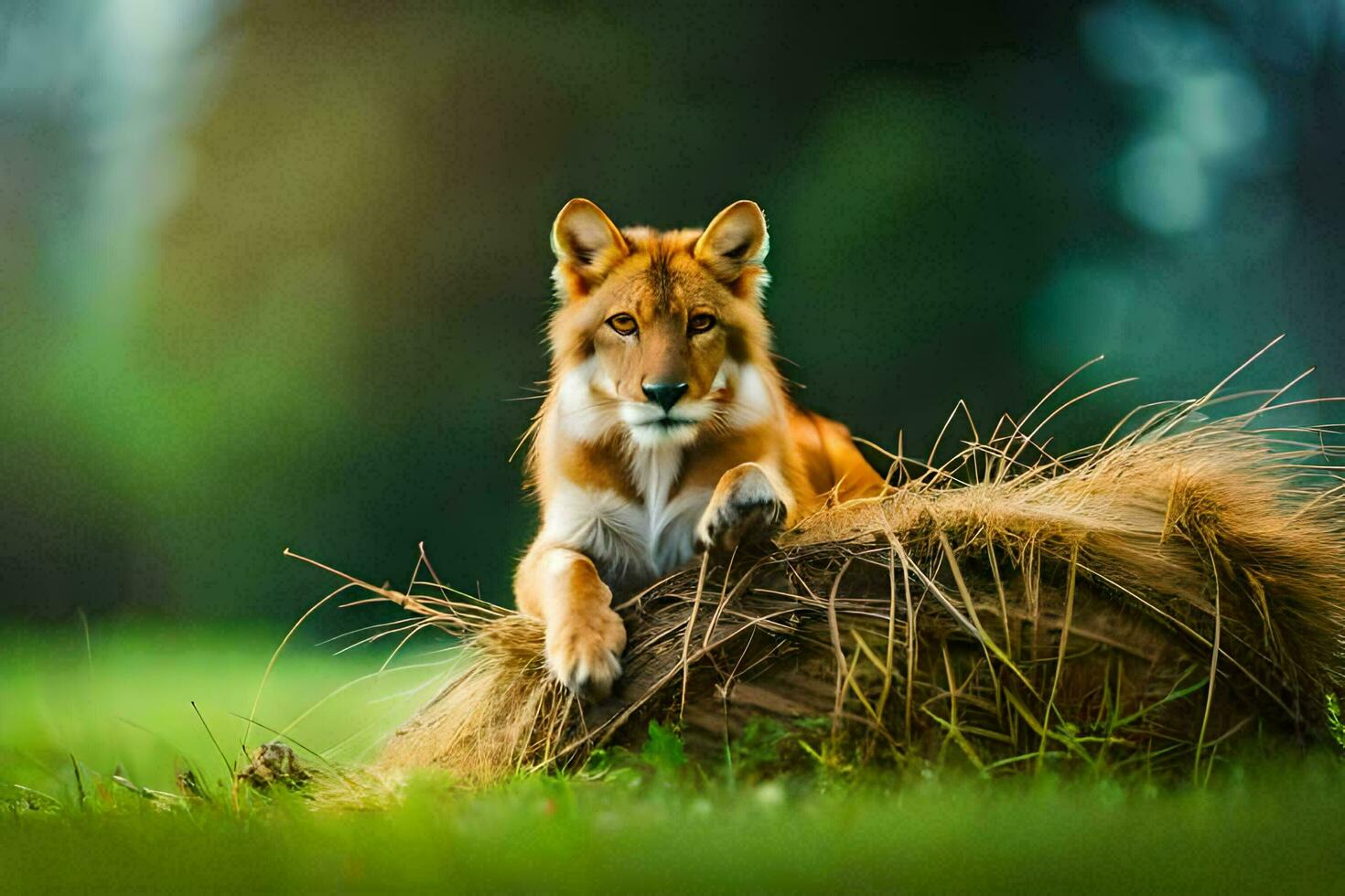 a red fox sitting on top of a pile of hay. AI-Generated photo