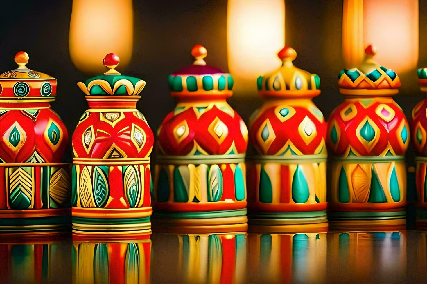 colorful wooden diyas on a table. AI-Generated photo